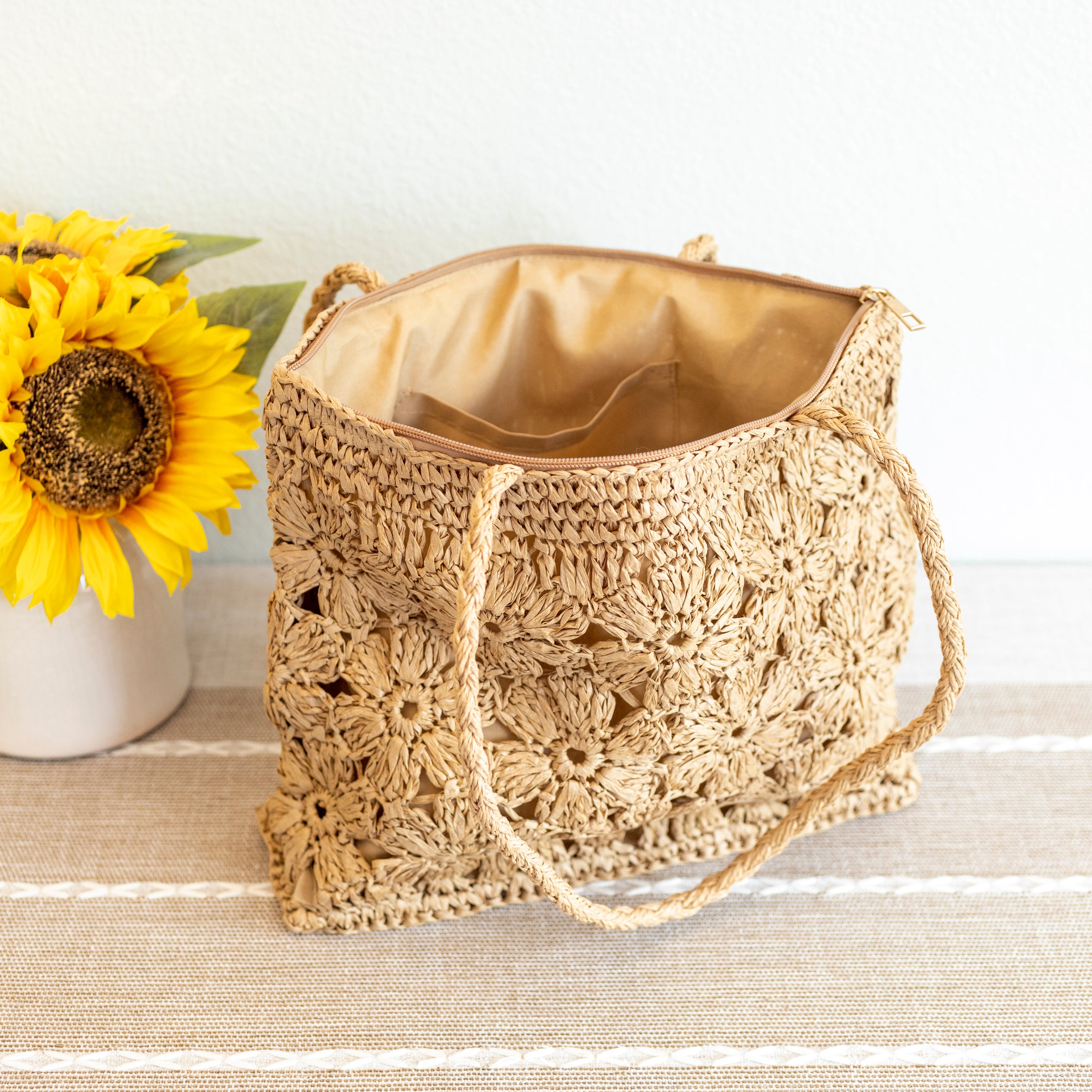 Straw Woven Tote with Floral Design