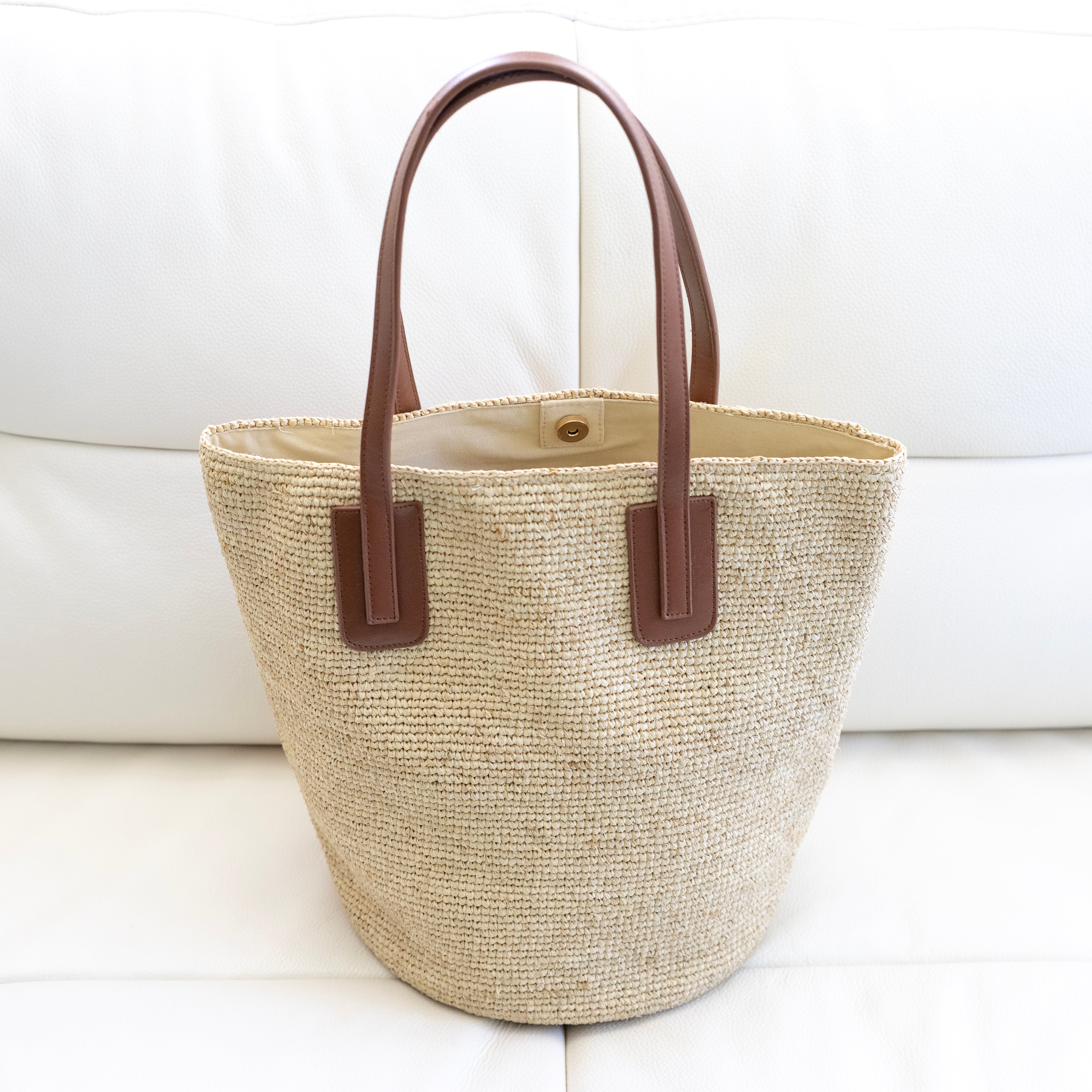 Large Soft Raffia Woven Summer Straw Tote with Genuine Leather Straps