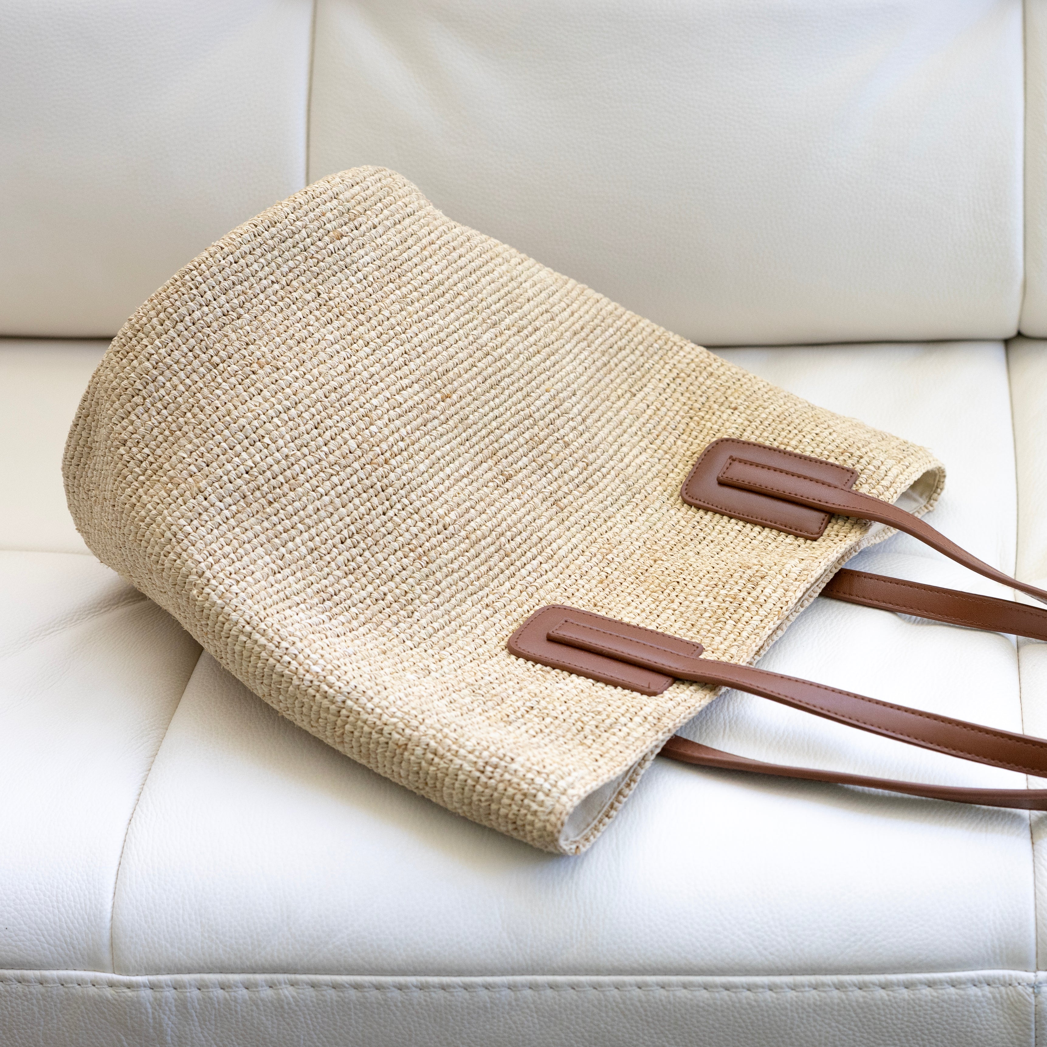 Large Soft Raffia Woven Summer Straw Tote with Genuine Leather Straps
