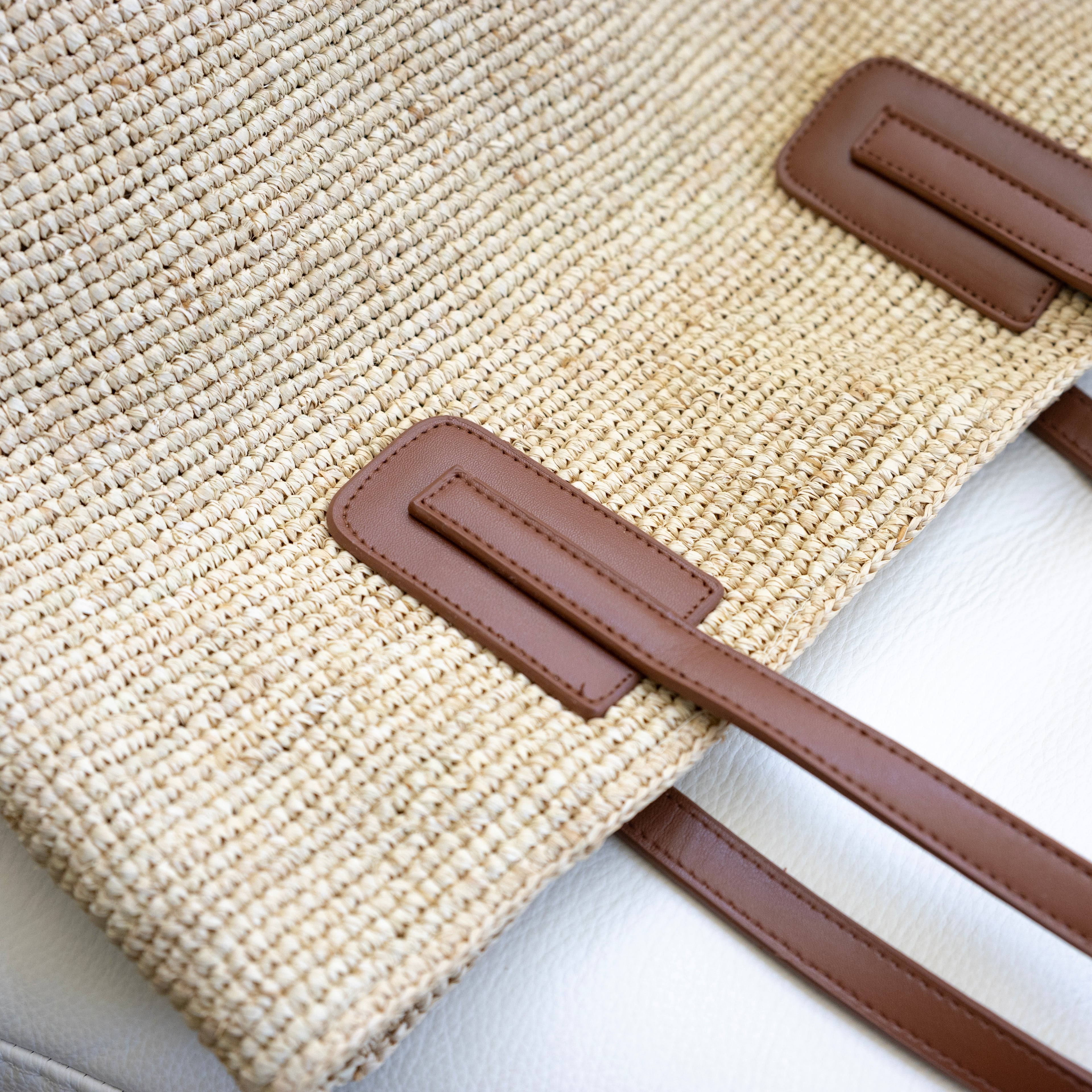 Large Soft Raffia Woven Summer Straw Tote with Genuine Leather Straps