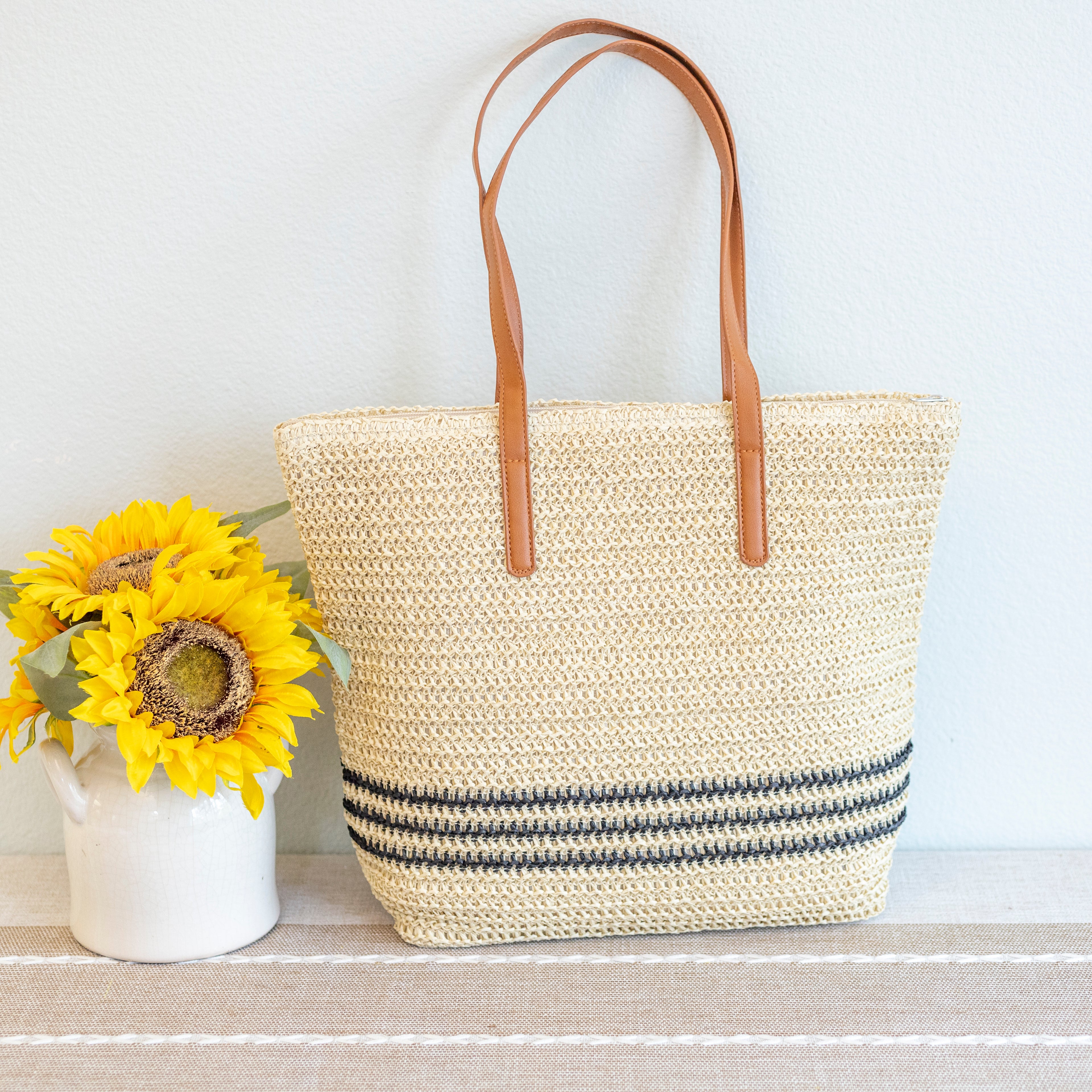 Striped Large Straw Woven Tote