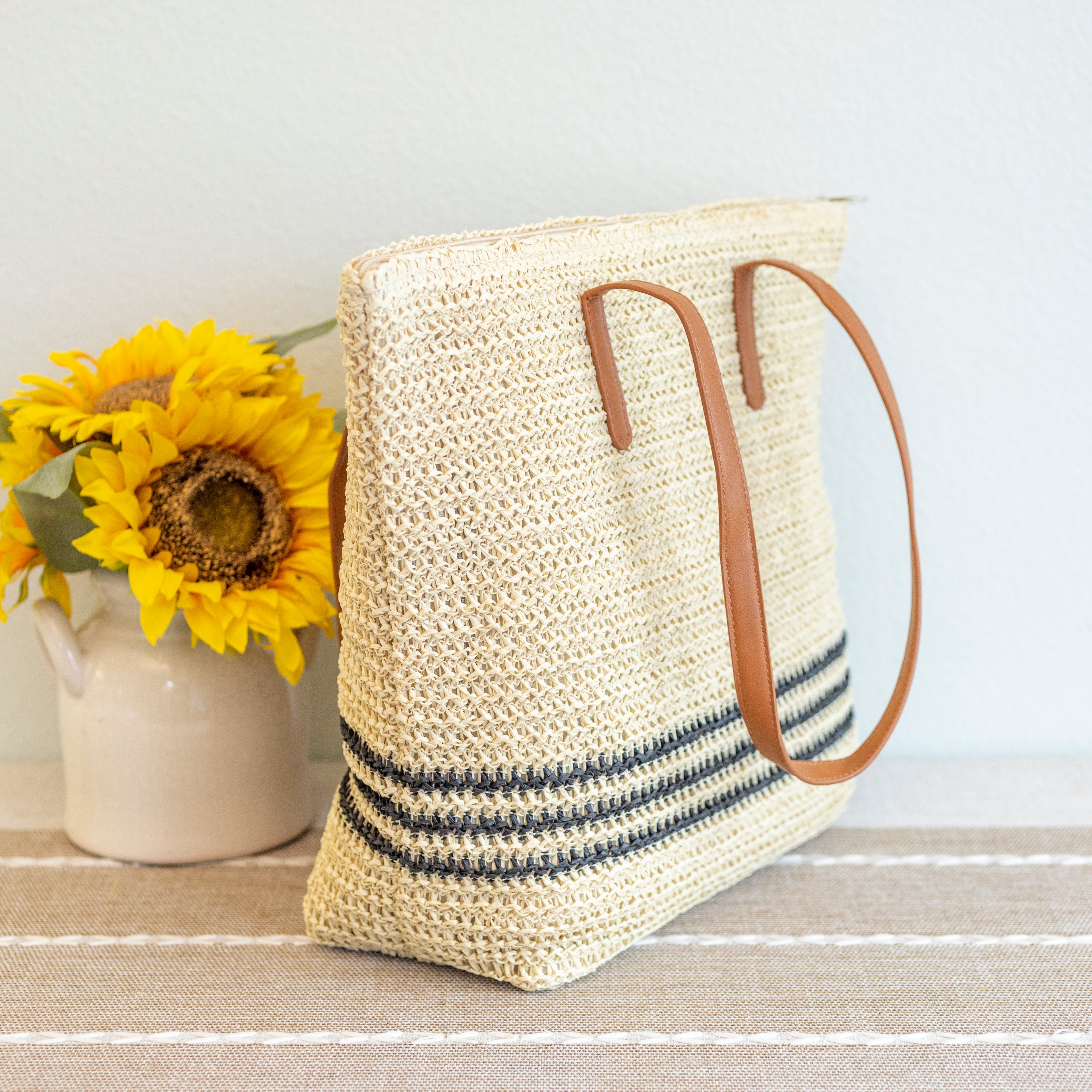 Striped Large Straw Woven Tote
