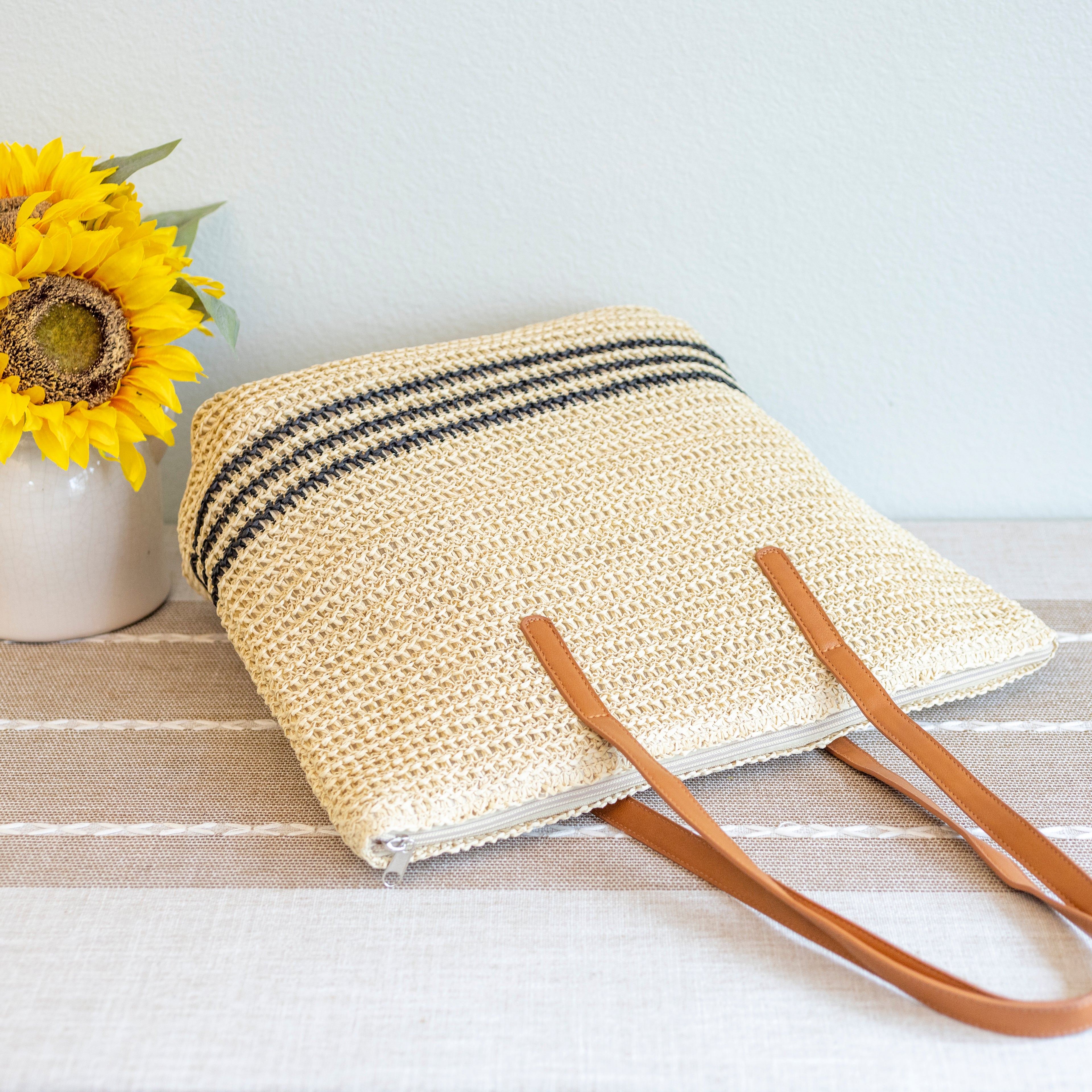 Striped Large Straw Woven Tote
