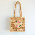 Top Handle Raffia Straw Handbag with Floral Designs