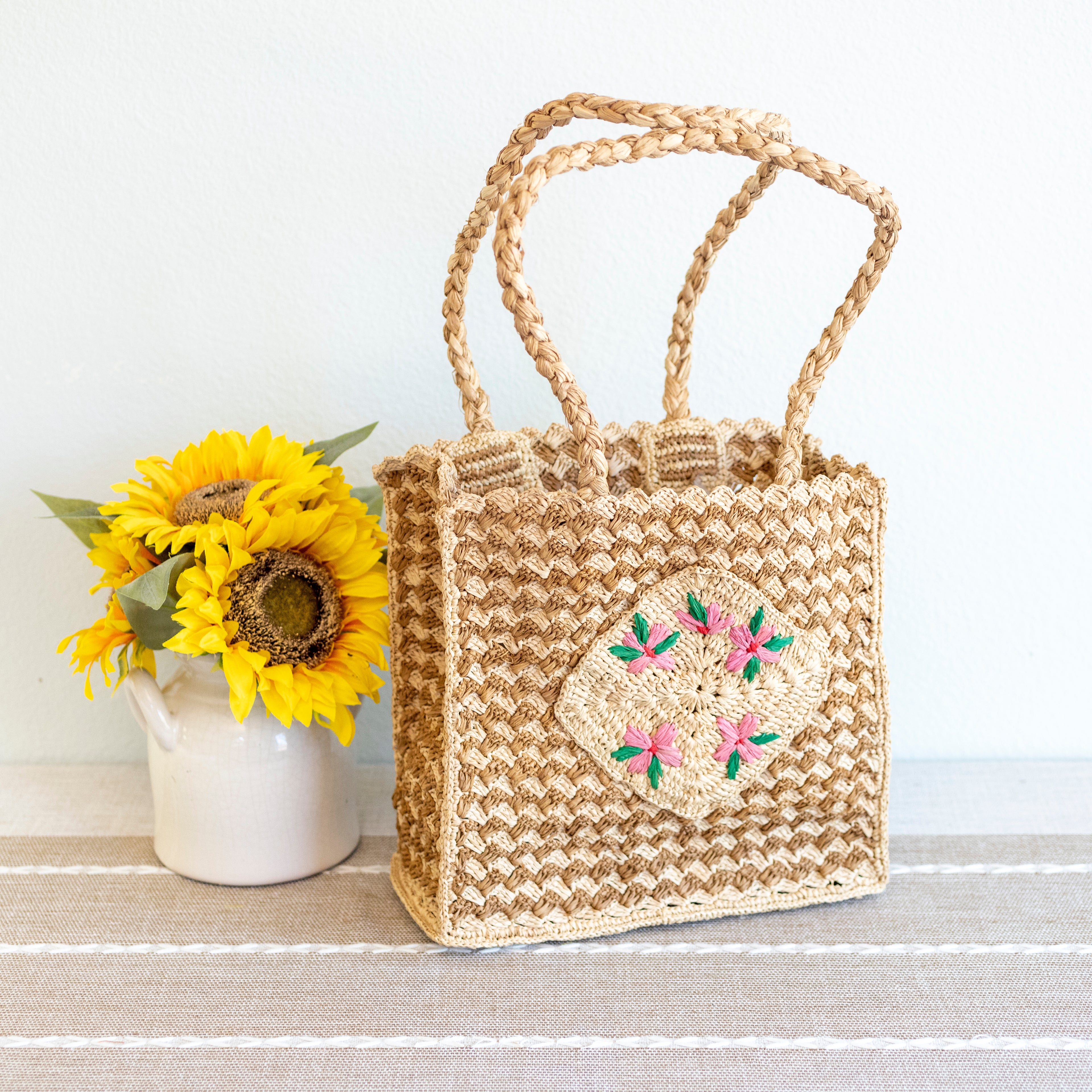Top Handle Raffia Straw Handbag with Floral Designs