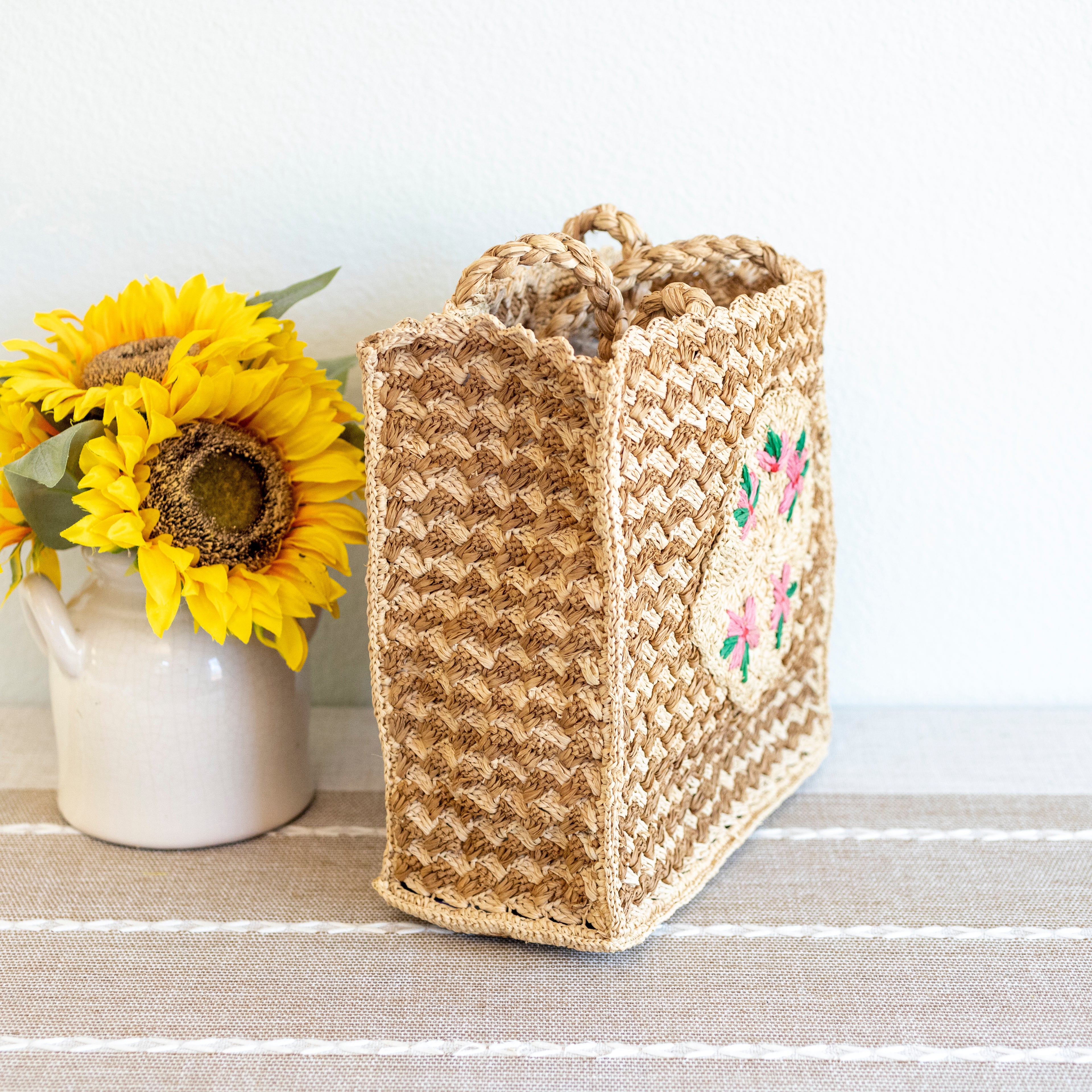 Top Handle Raffia Straw Handbag with Floral Designs