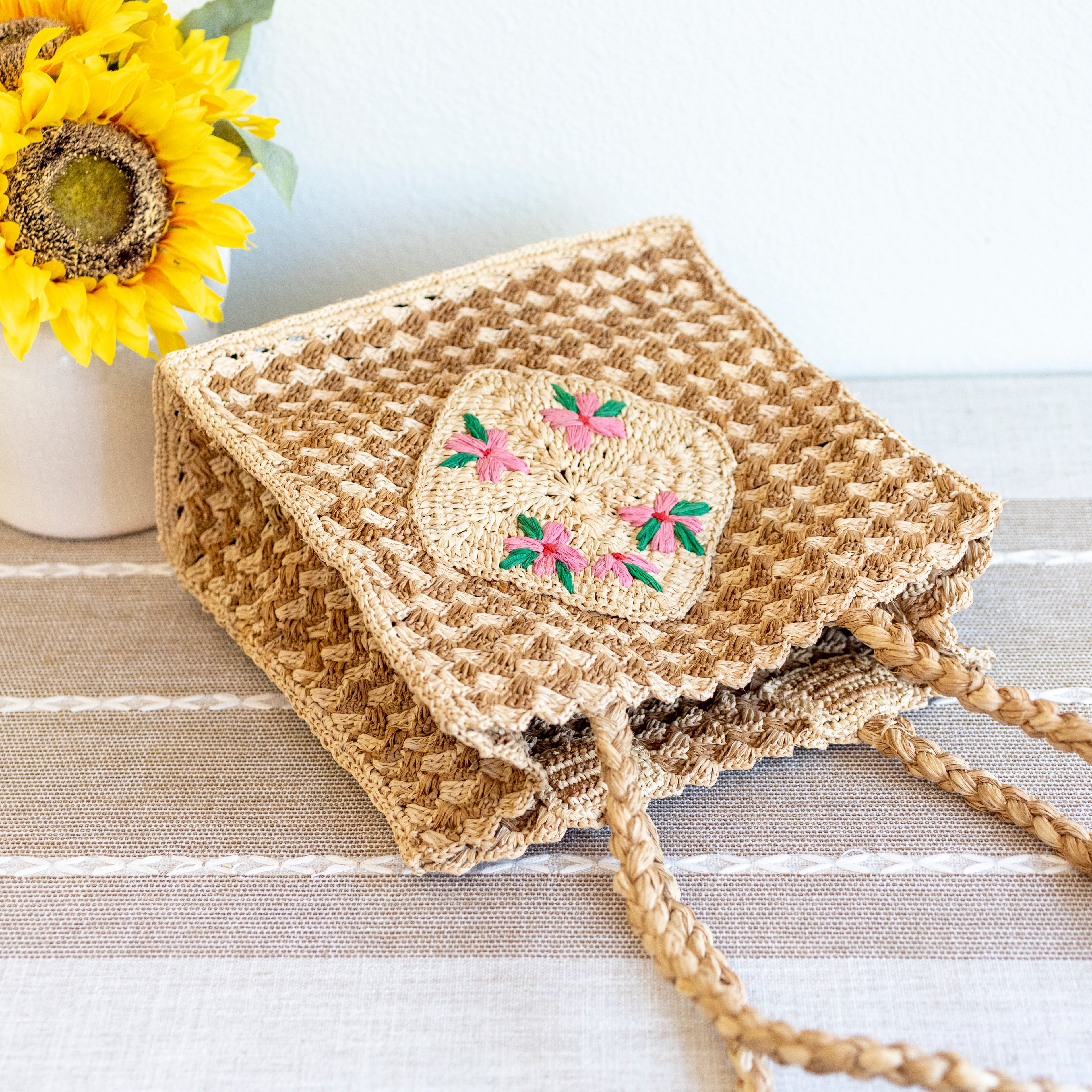 Top Handle Raffia Straw Handbag with Floral Designs
