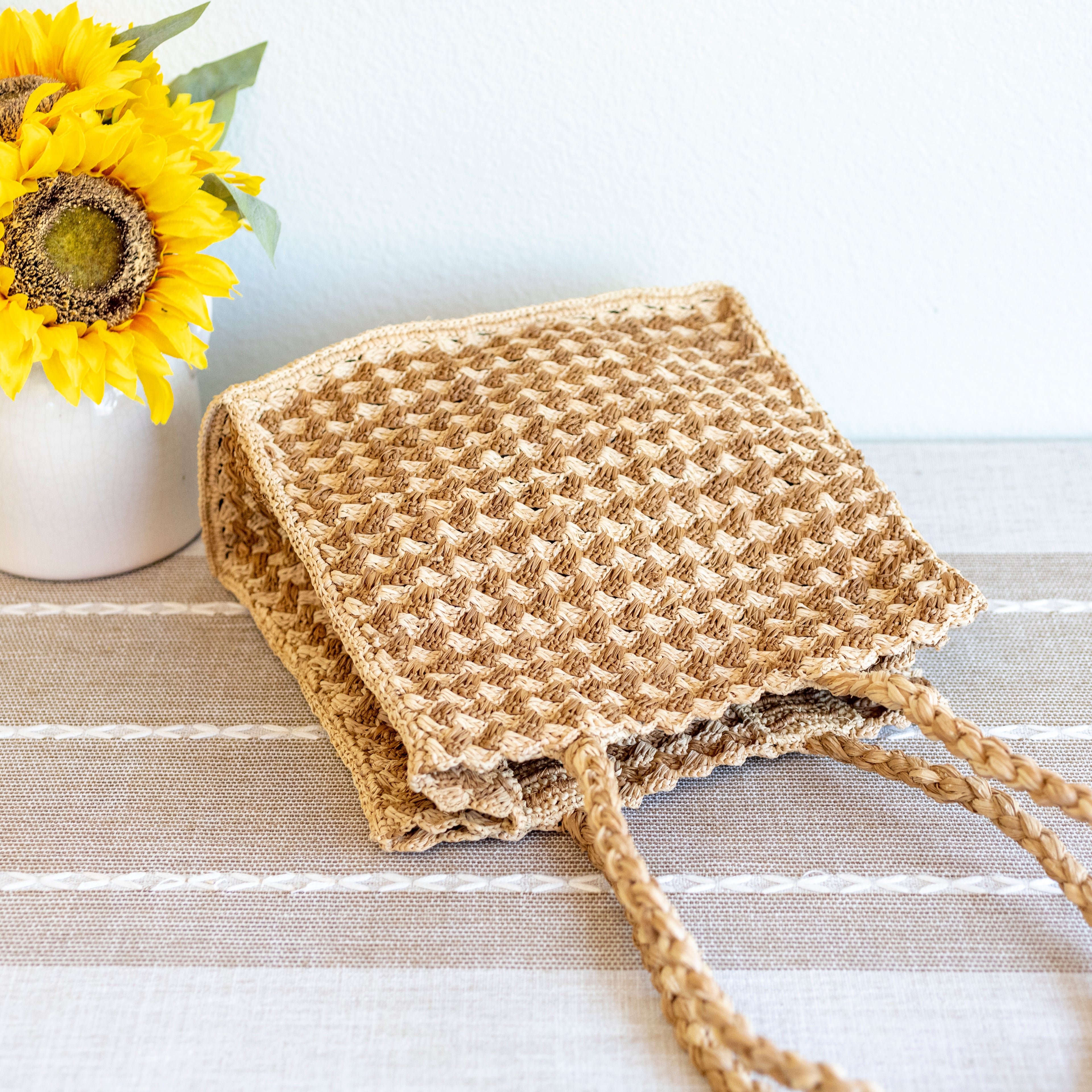 Top Handle Raffia Straw Handbag with Floral Designs