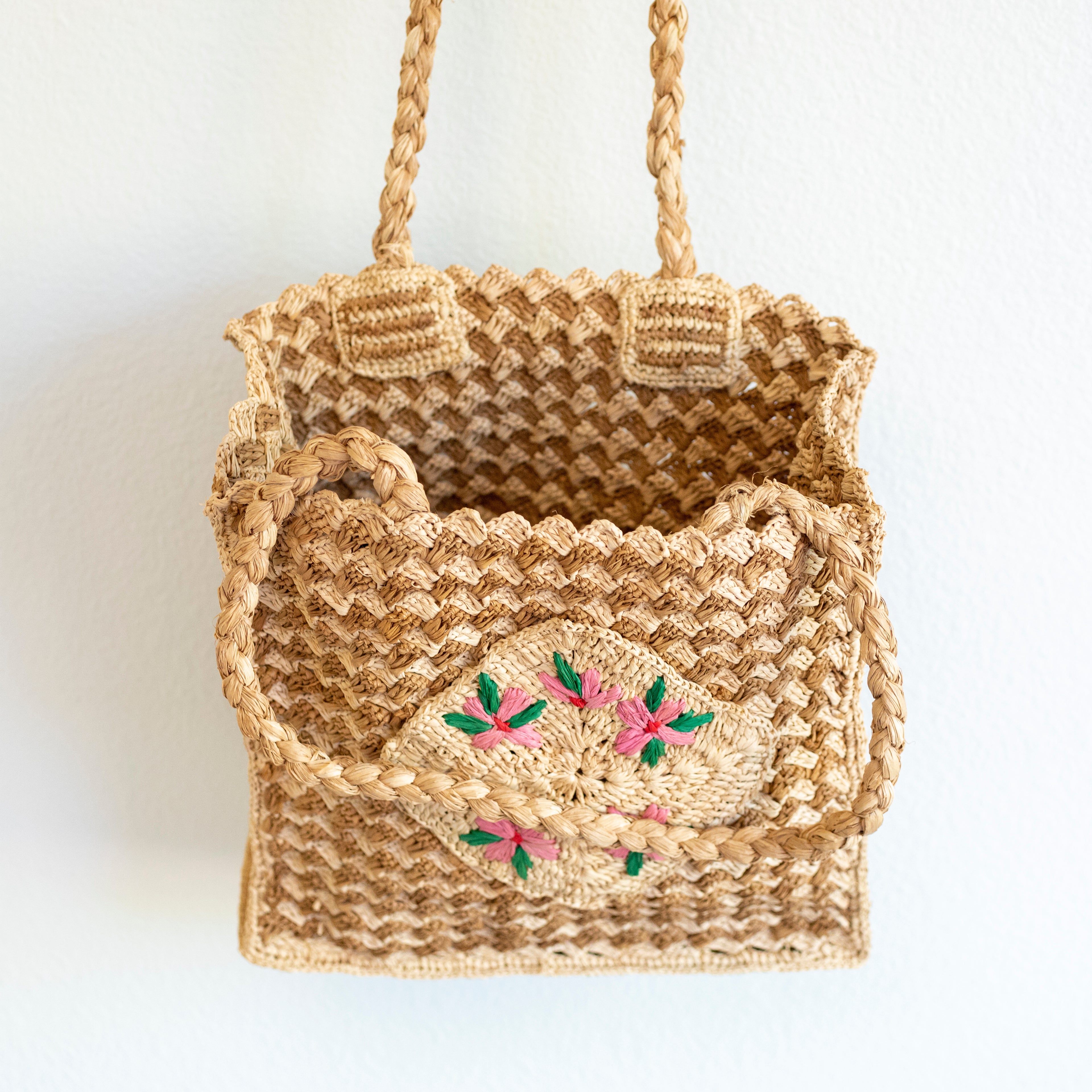 Top Handle Raffia Straw Handbag with Floral Designs