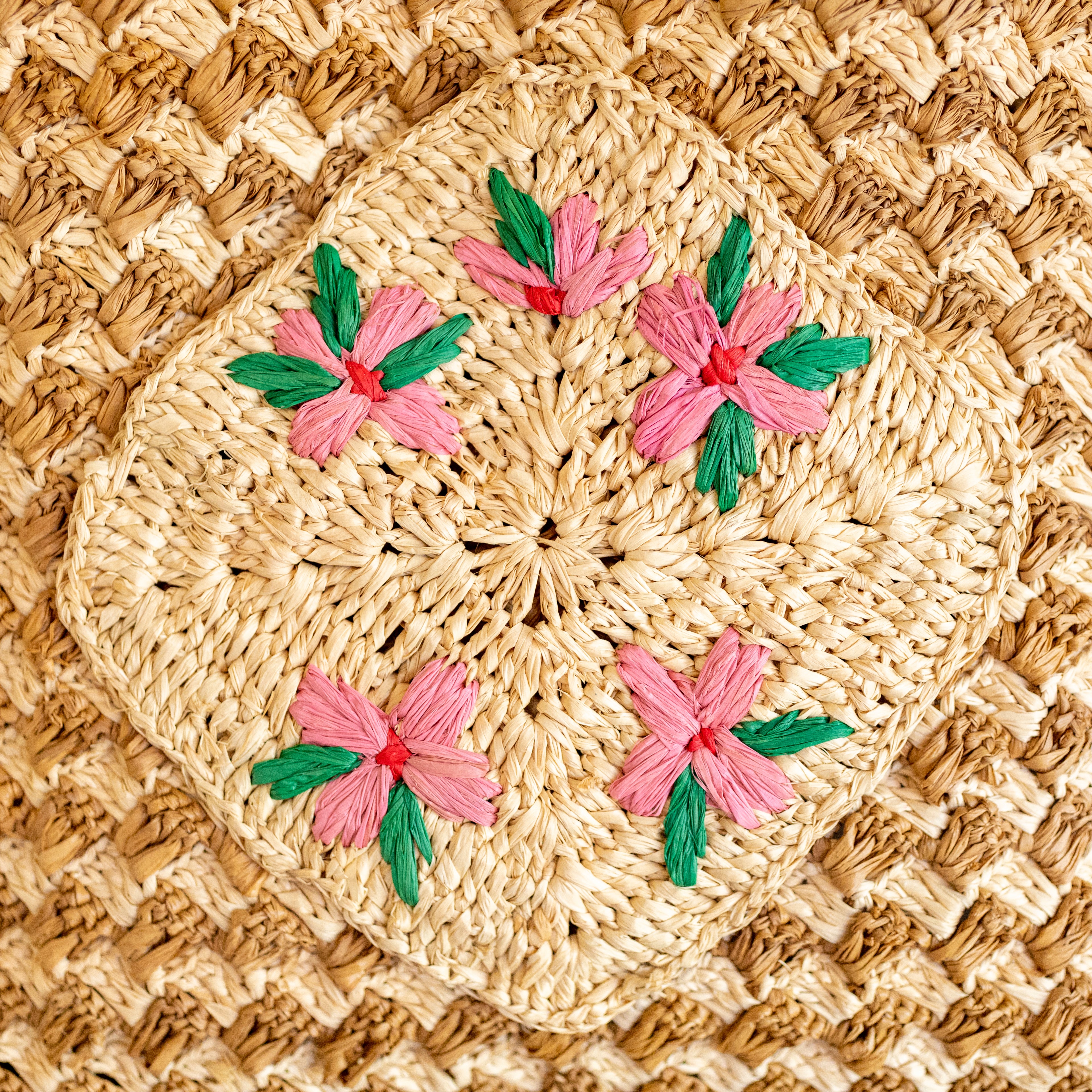 Top Handle Raffia Straw Handbag with Floral Designs