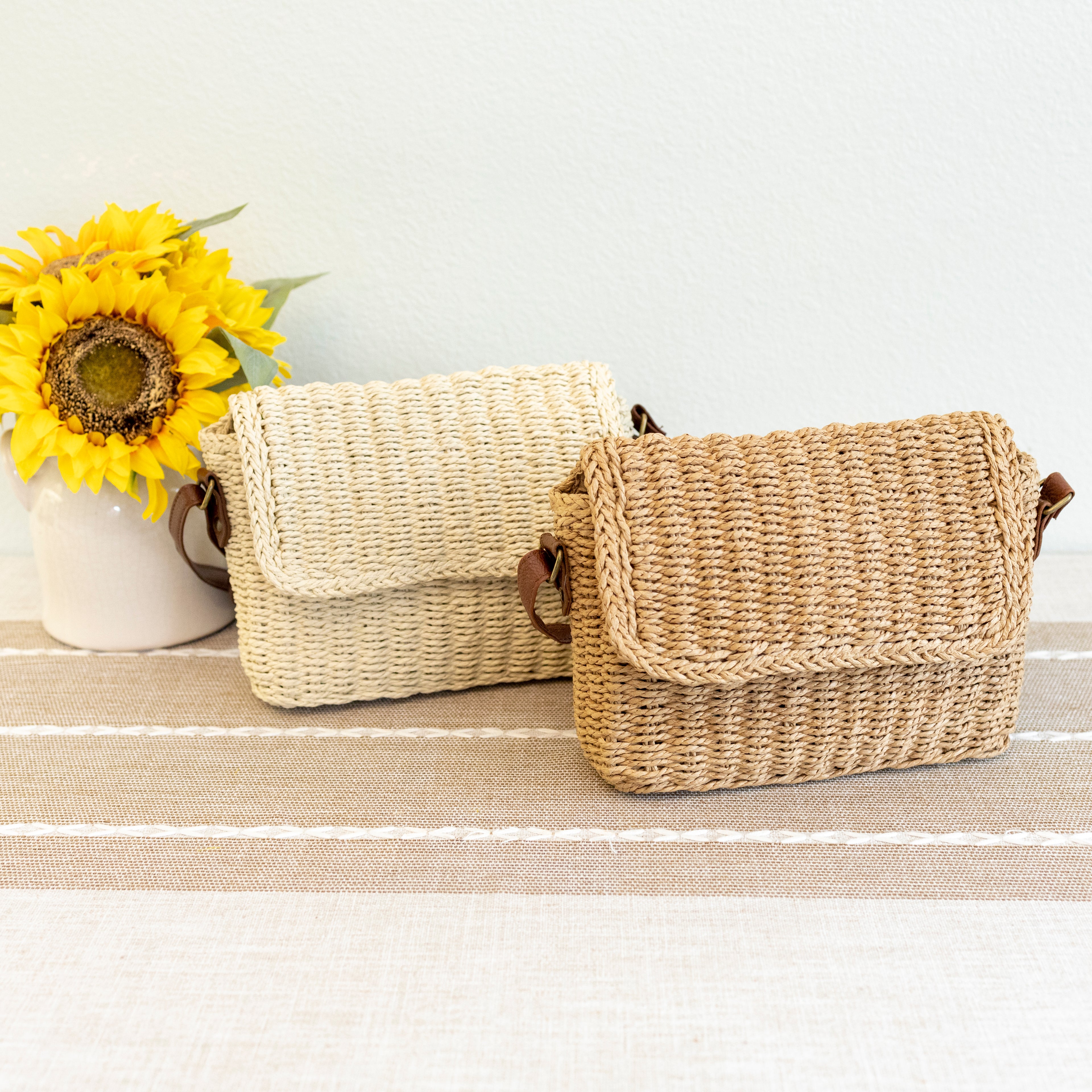 Straw Woven Messenger Bag with Flap