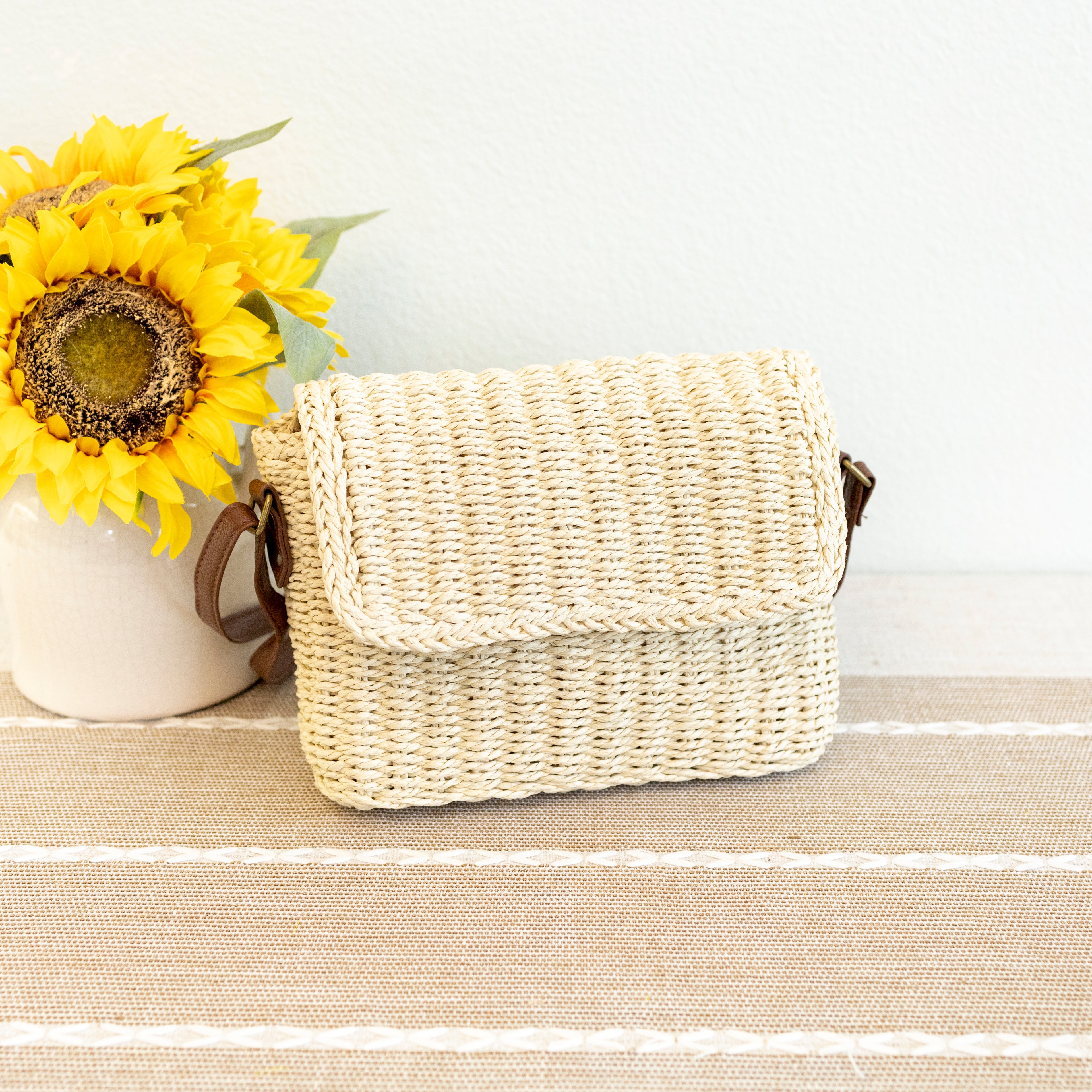Straw Woven Messenger Bag with Flap