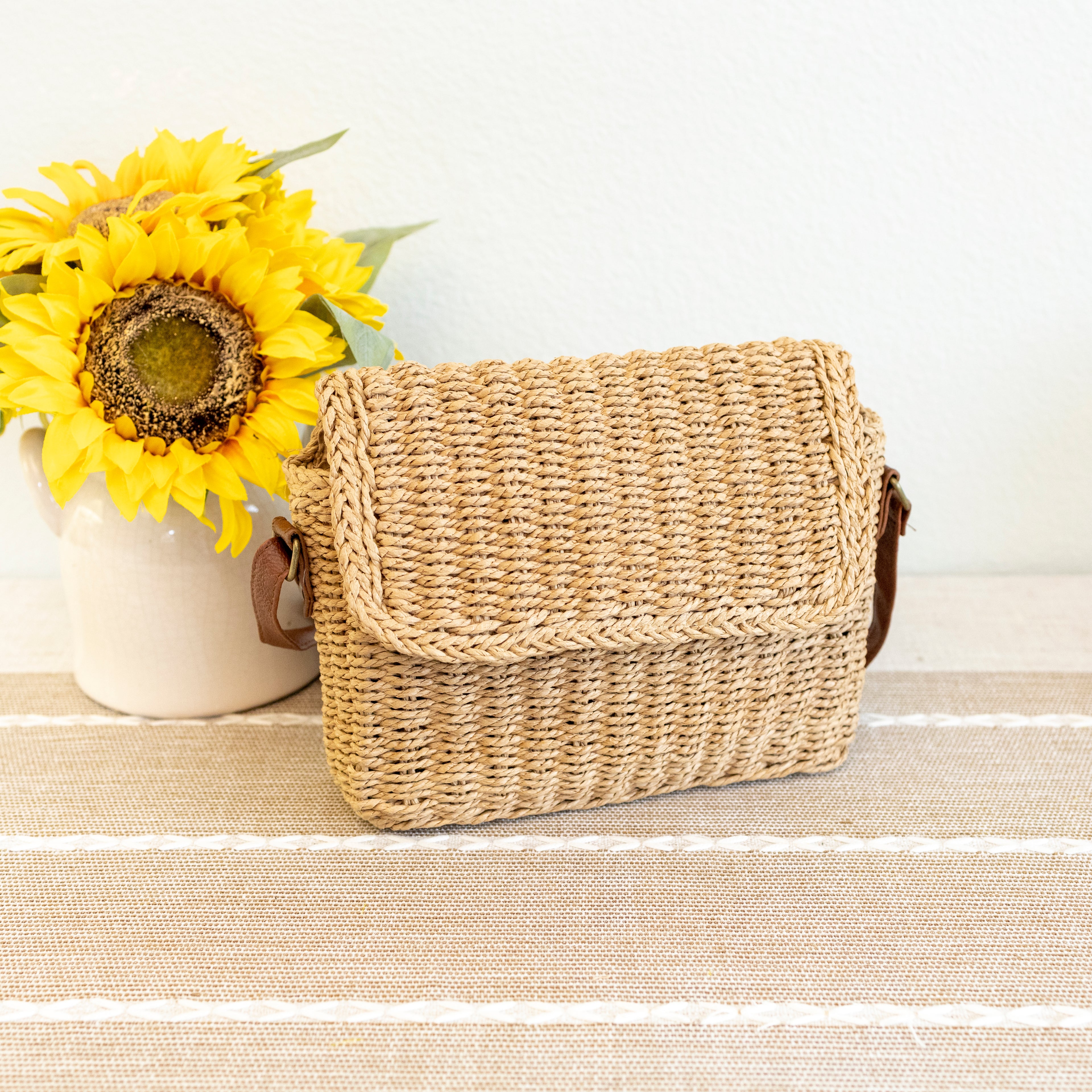 Straw Woven Messenger Bag with Flap