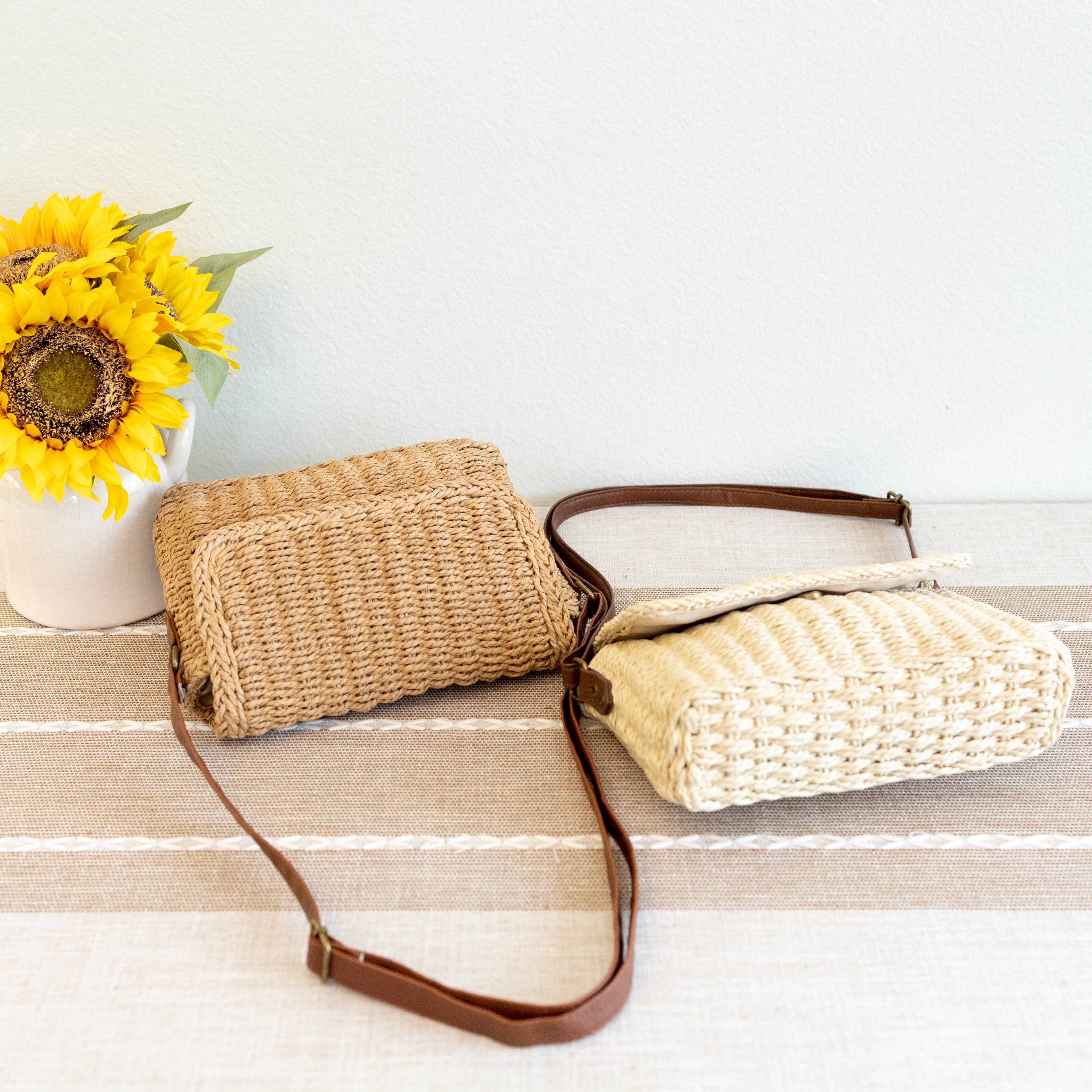 Straw Woven Messenger Bag with Flap