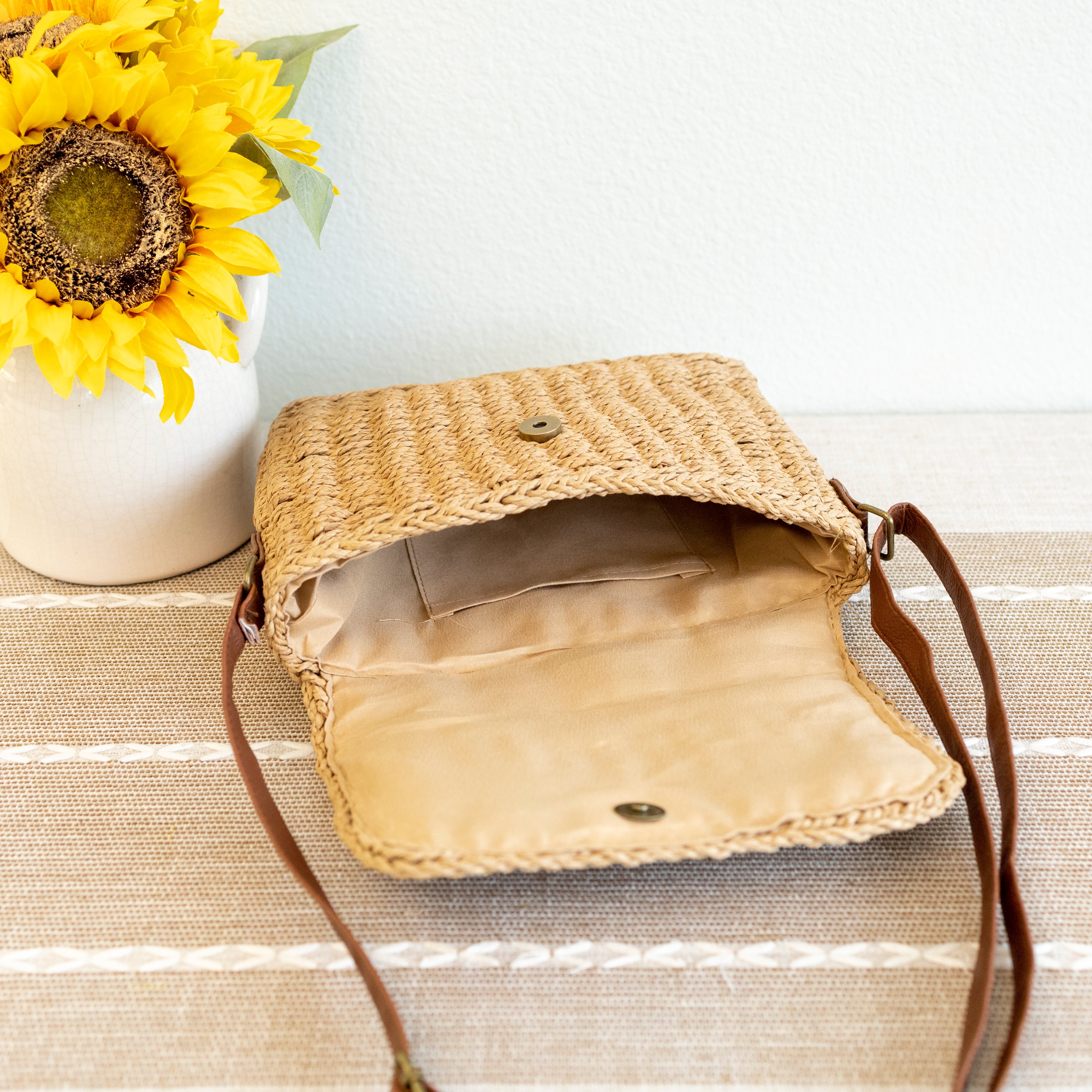 Straw Woven Messenger Bag with Flap