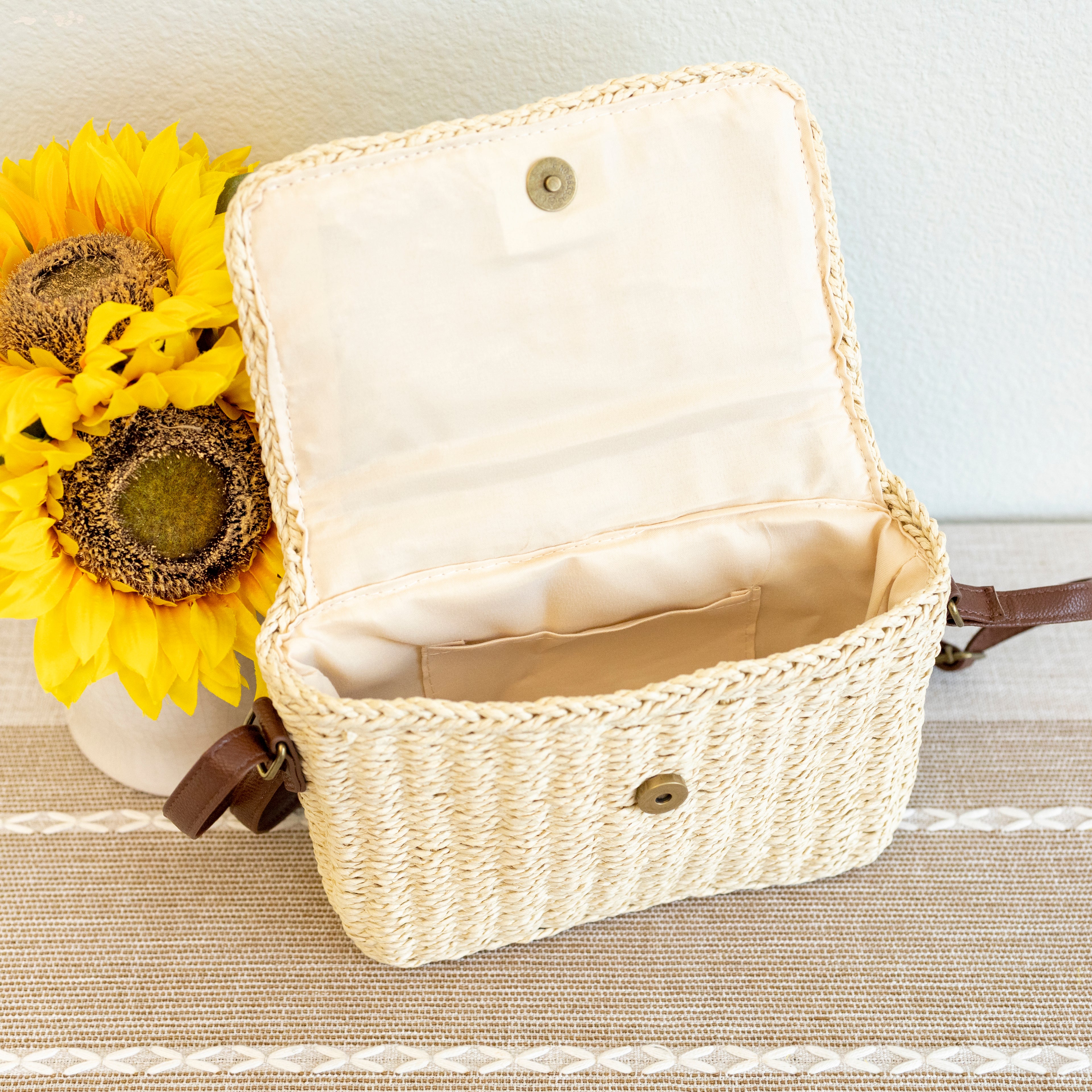 Straw Woven Messenger Bag with Flap