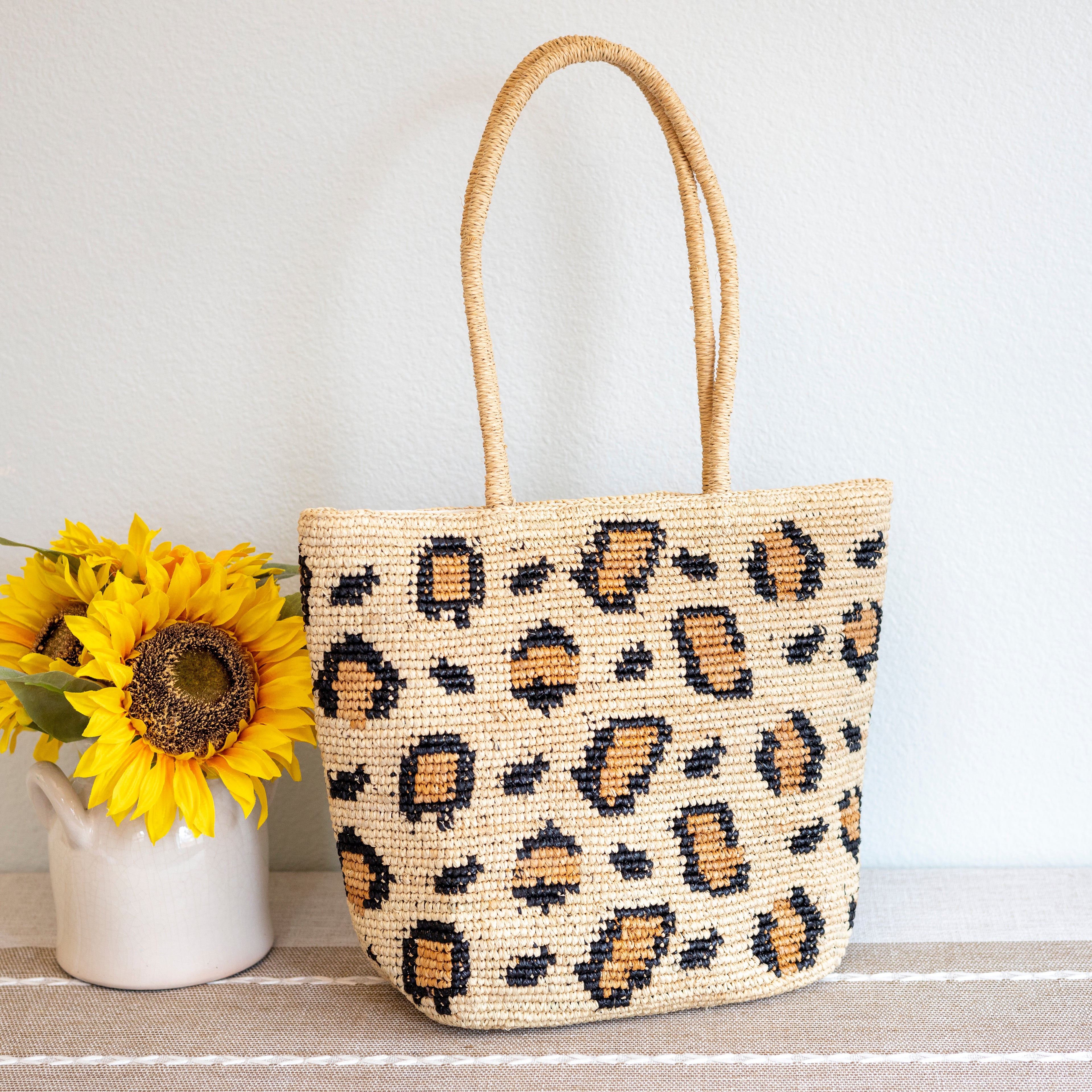 Leopard Design Raffia Summer Tote Bag