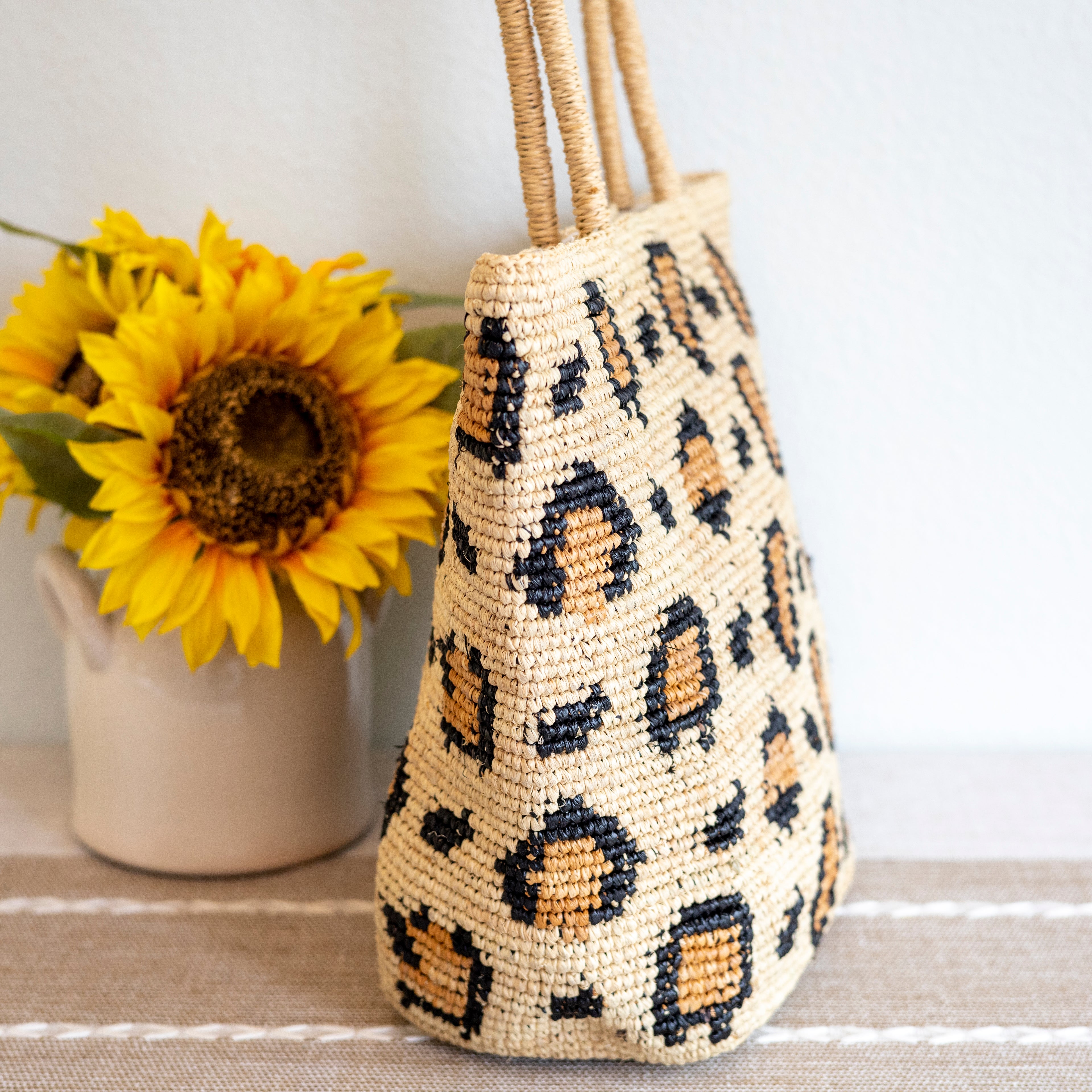 Leopard Design Raffia Summer Tote Bag
