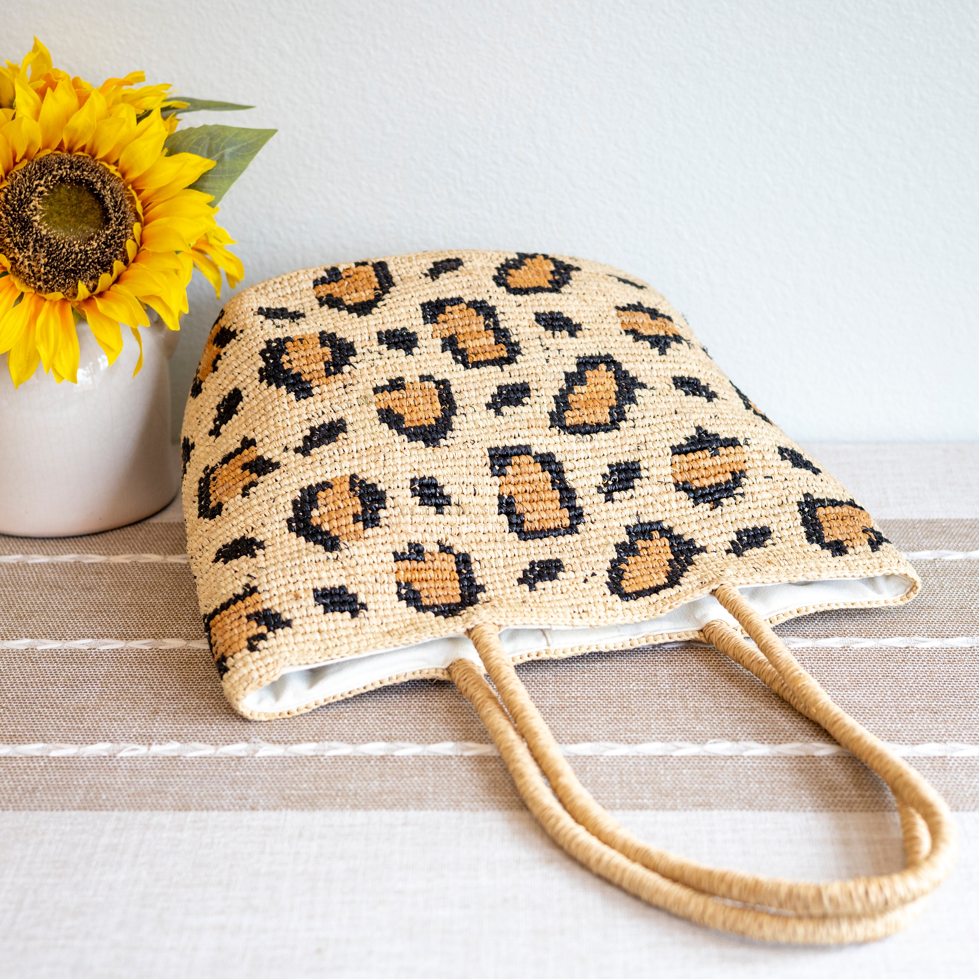 Leopard Design Raffia Summer Tote Bag