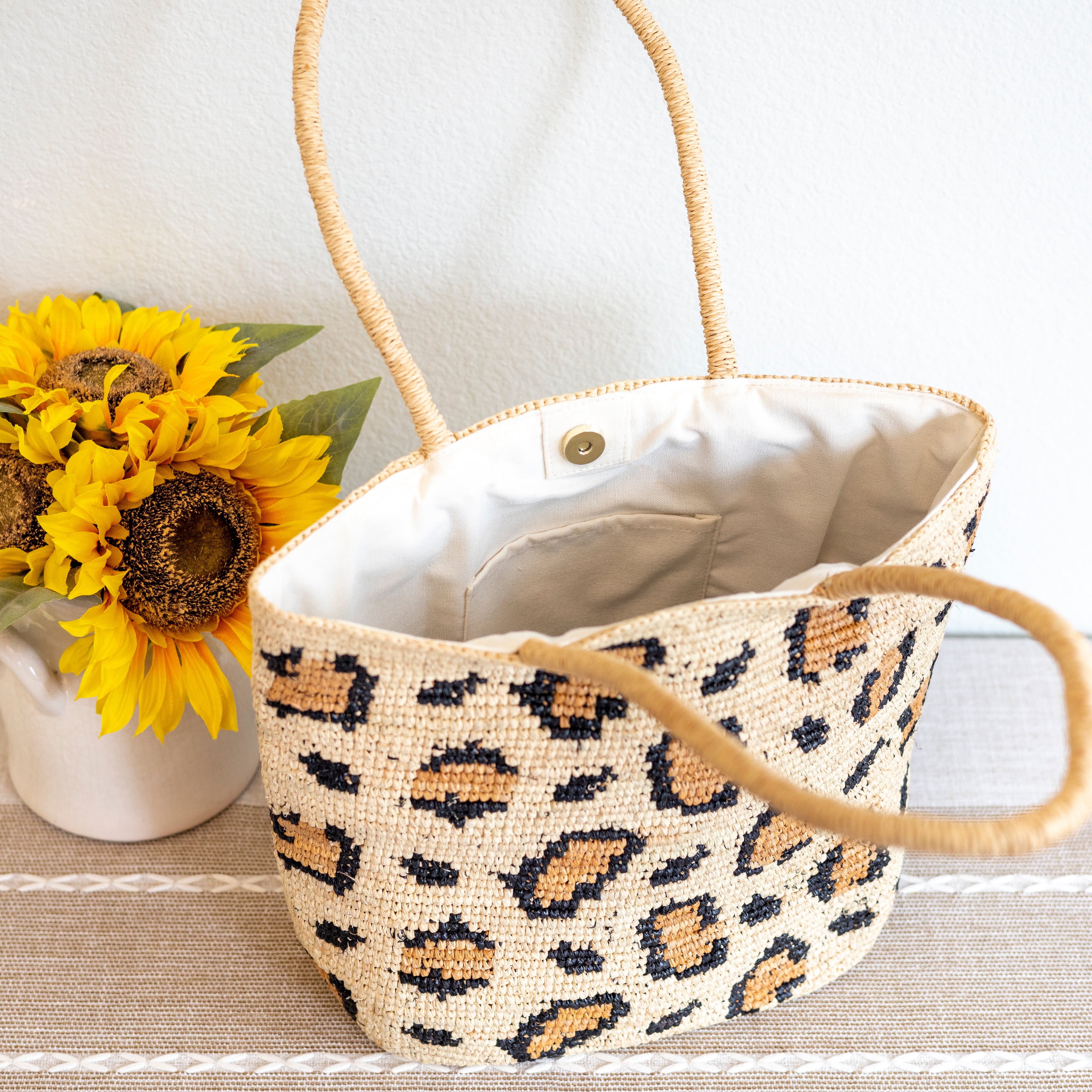 Leopard Design Raffia Summer Tote Bag