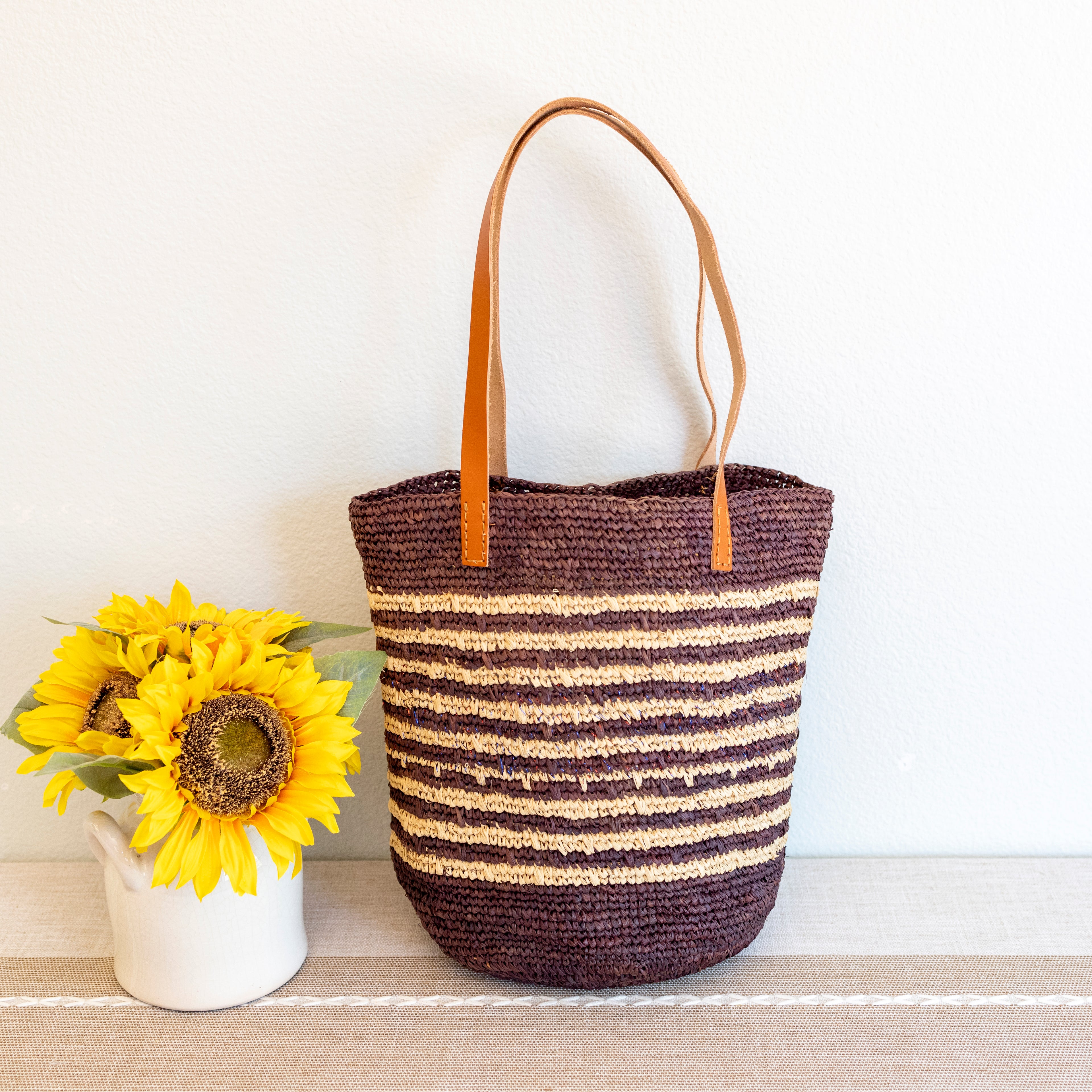 Soft Raffia Woven Summer Straw Tote with Genuine Leather Straps