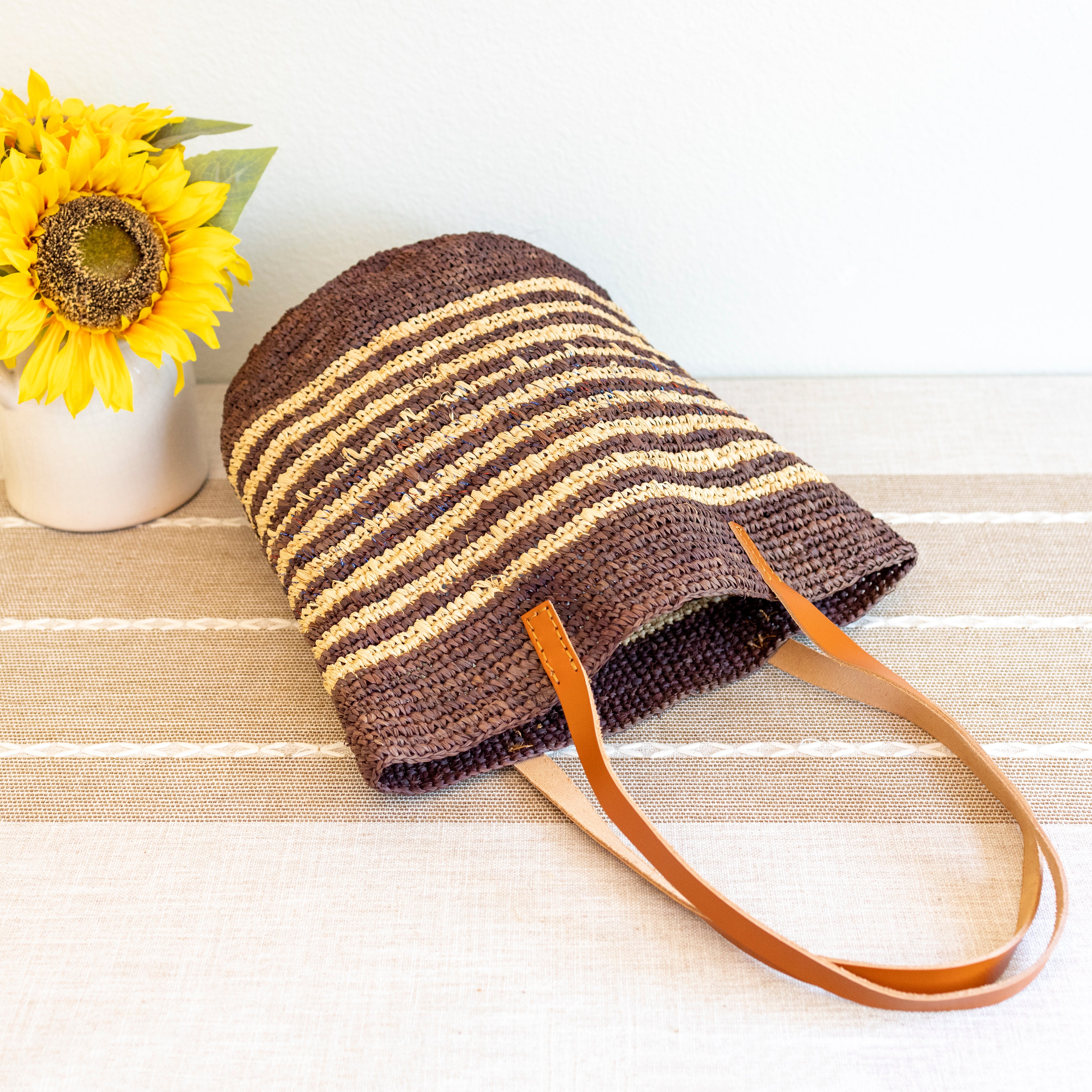 Soft Raffia Woven Summer Straw Tote with Genuine Leather Straps