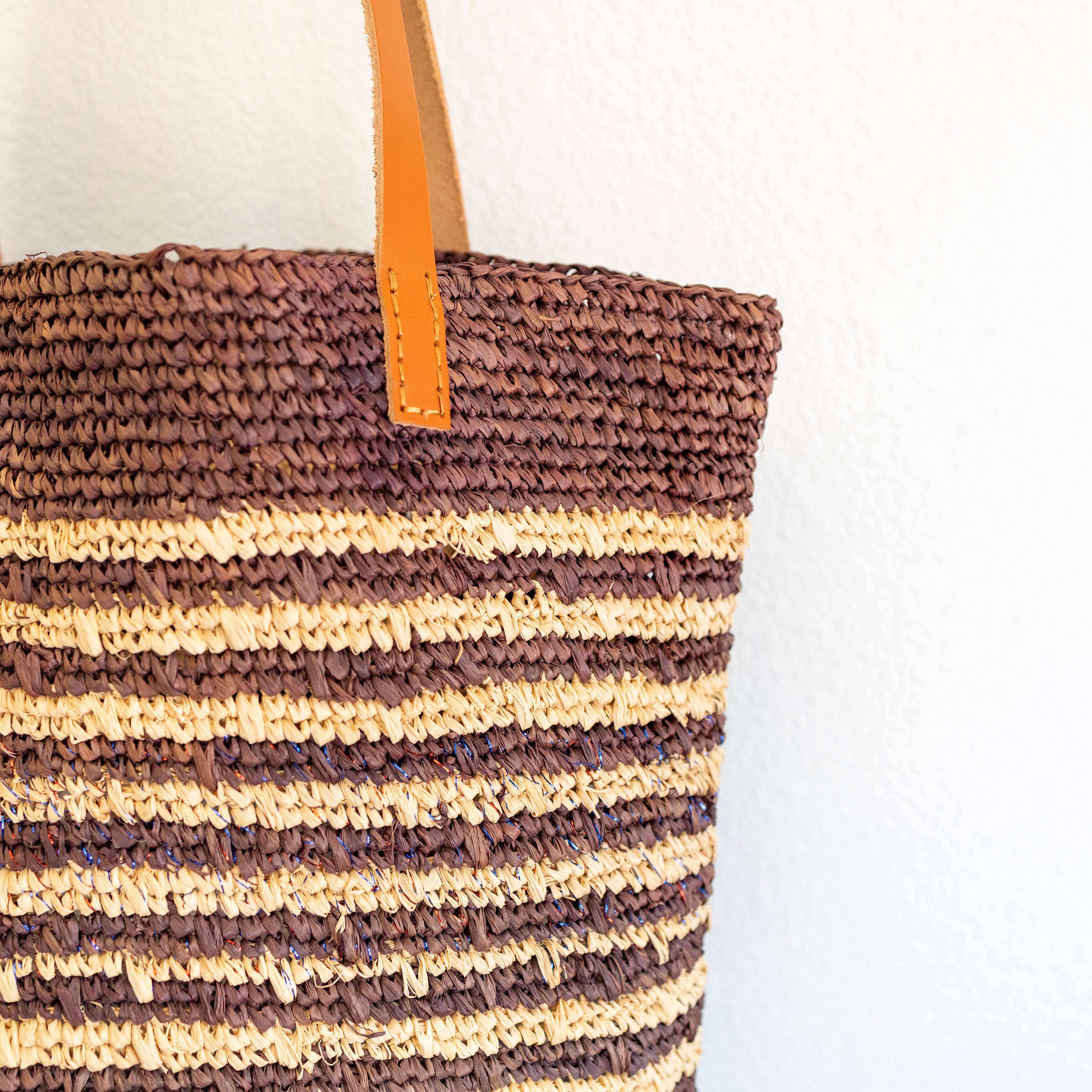 Soft Raffia Woven Summer Straw Tote with Genuine Leather Straps