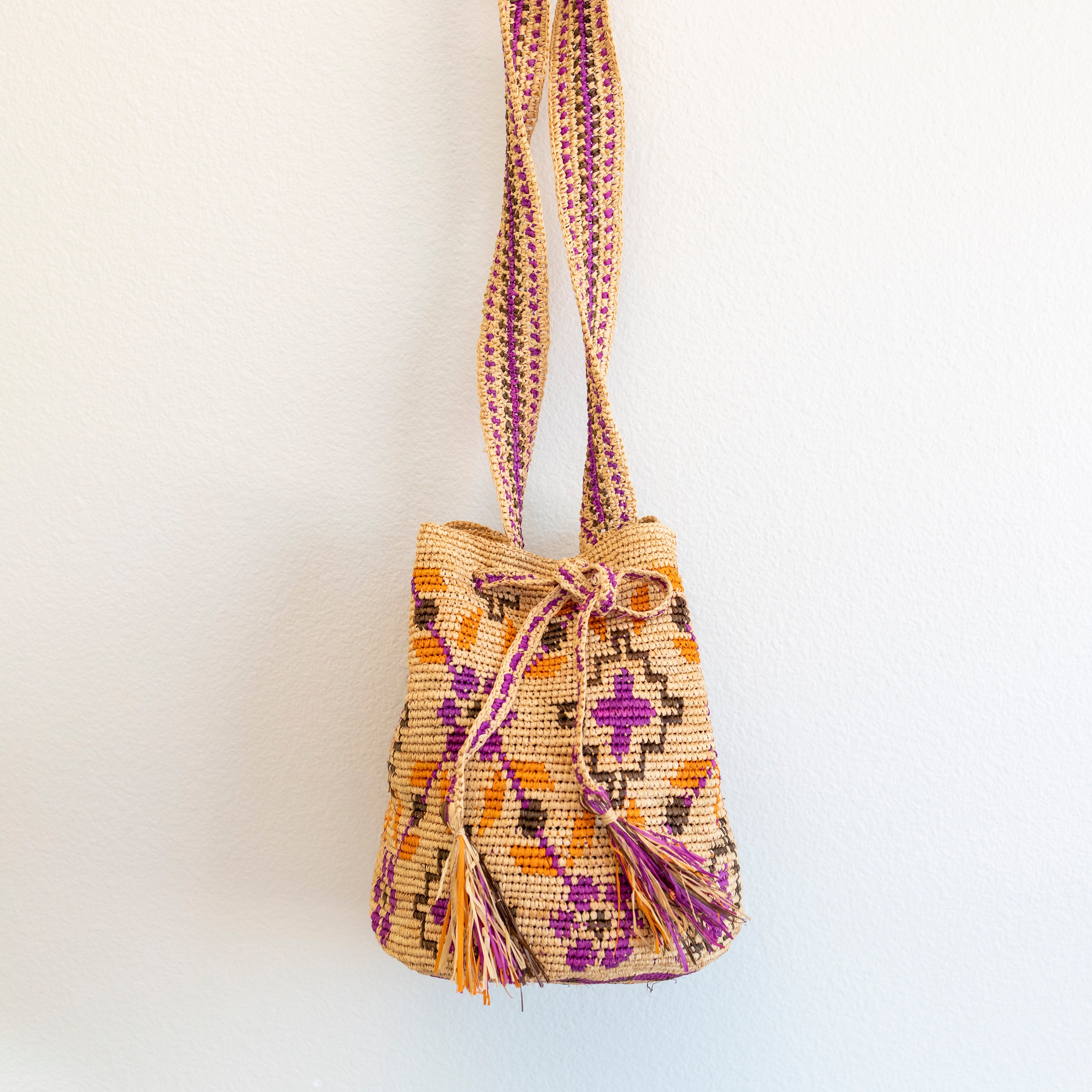 Raffia Straw Pink Wayuu Crossbody Bucket Bag