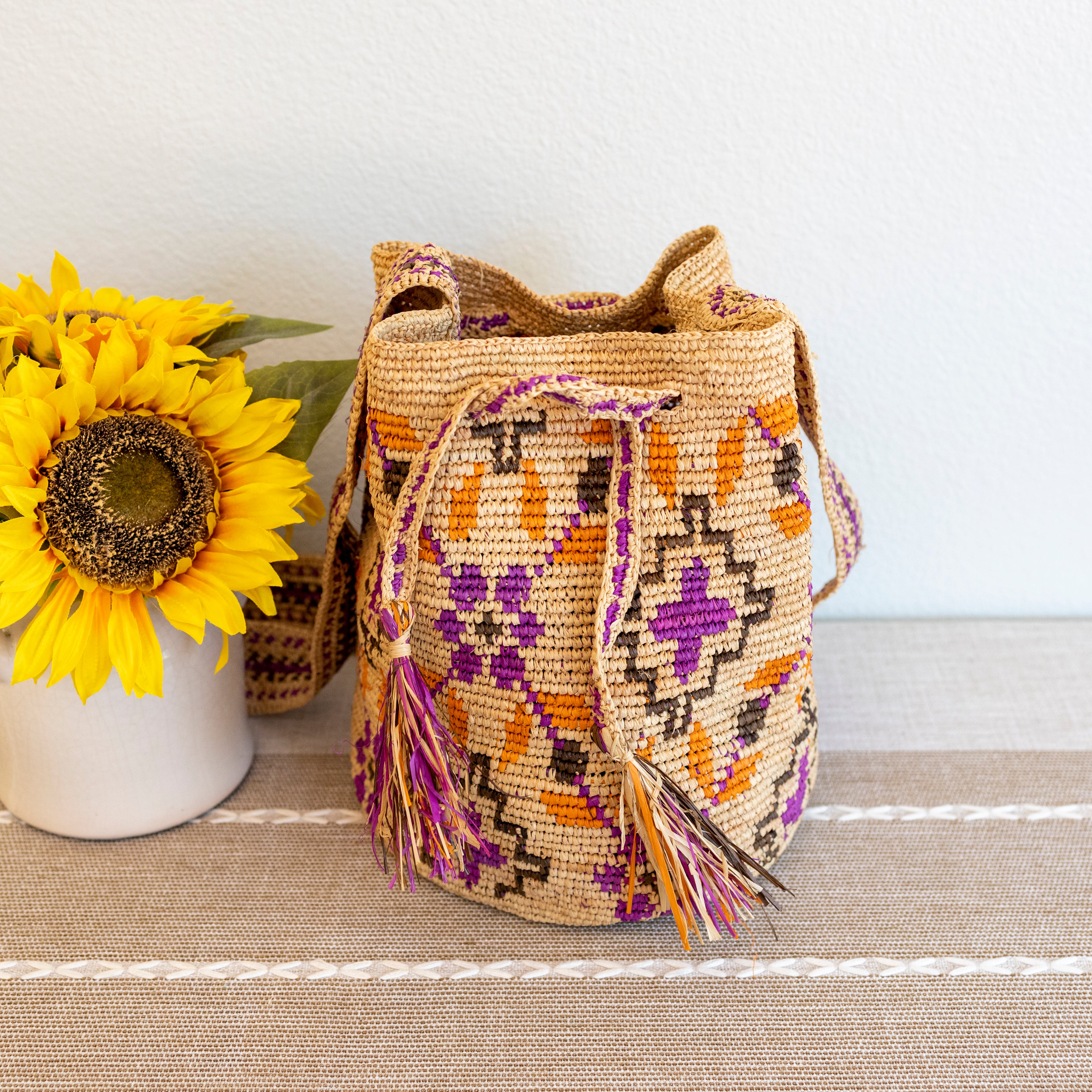 Raffia Straw Pink Wayuu Crossbody Bucket Bag