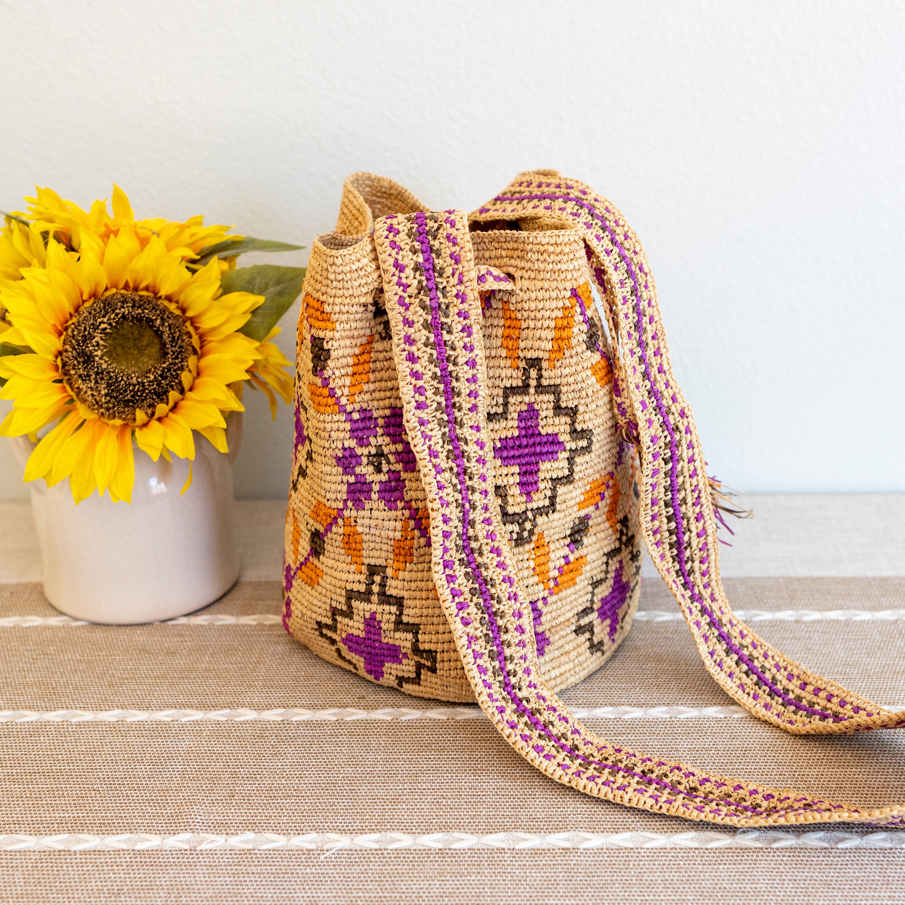 Raffia Straw Pink Wayuu Crossbody Bucket Bag