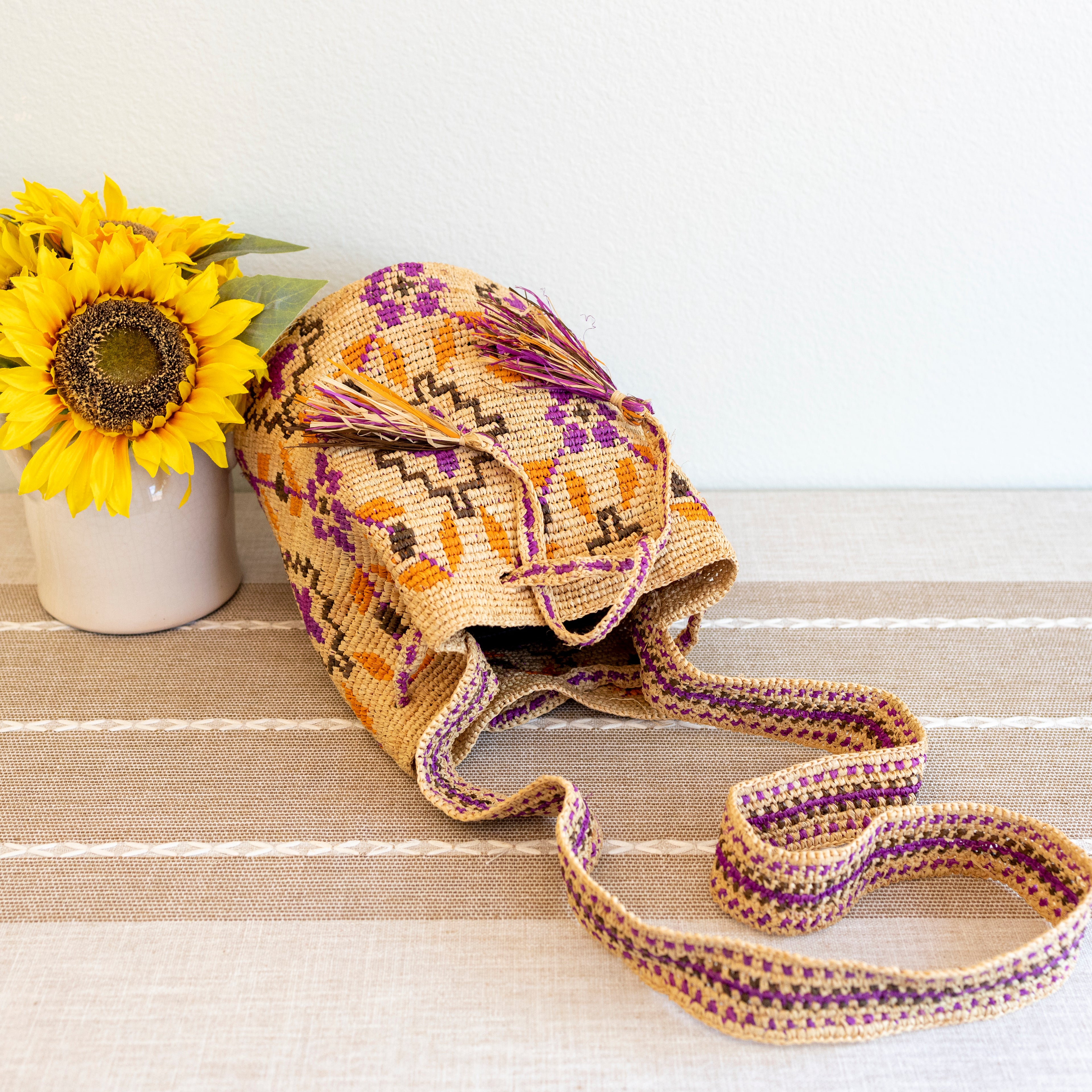 Raffia Straw Pink Wayuu Crossbody Bucket Bag