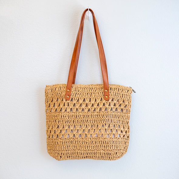 Elena Handbags Patterned Straw Woven Tote Bag