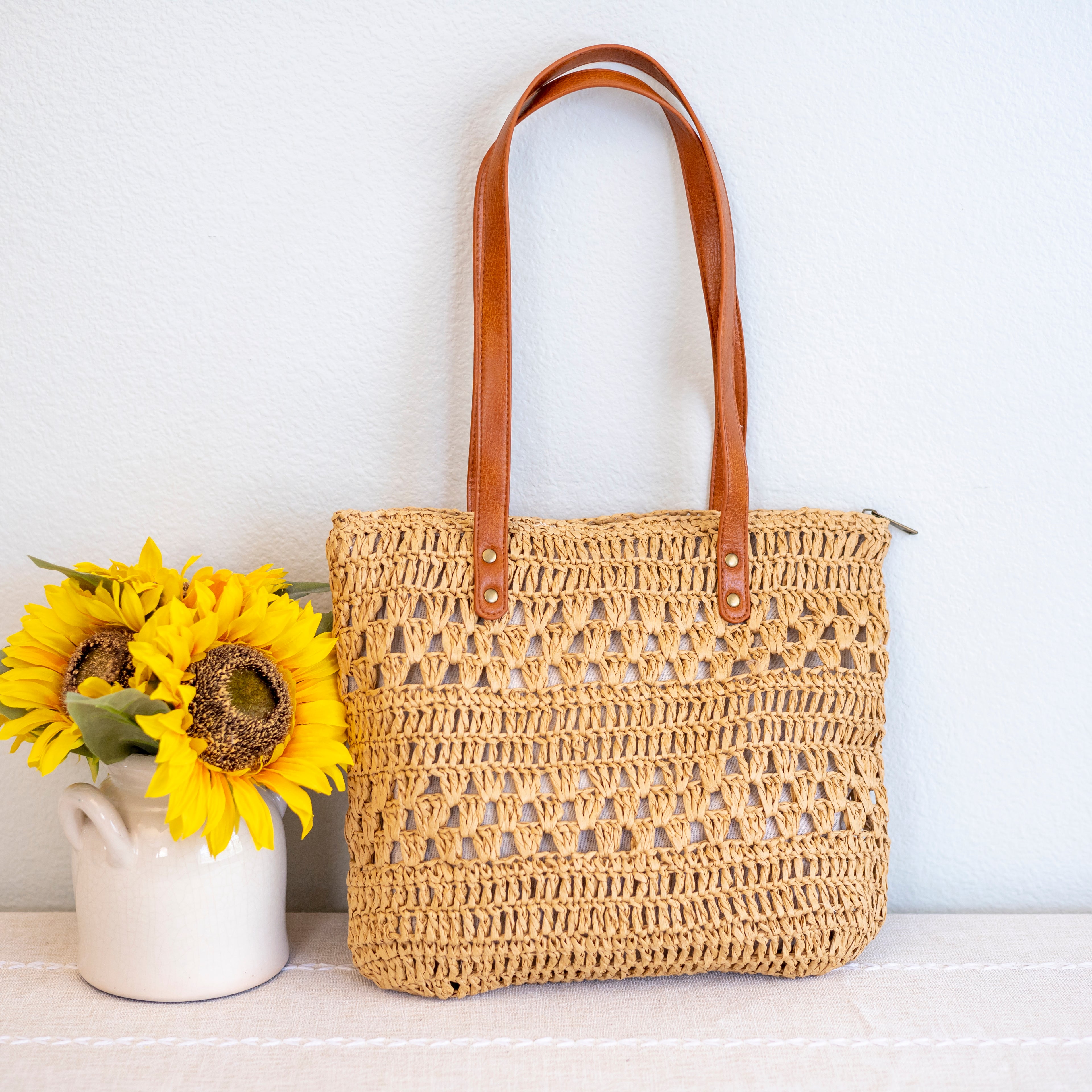 Patterned Straw Woven Tote Bag