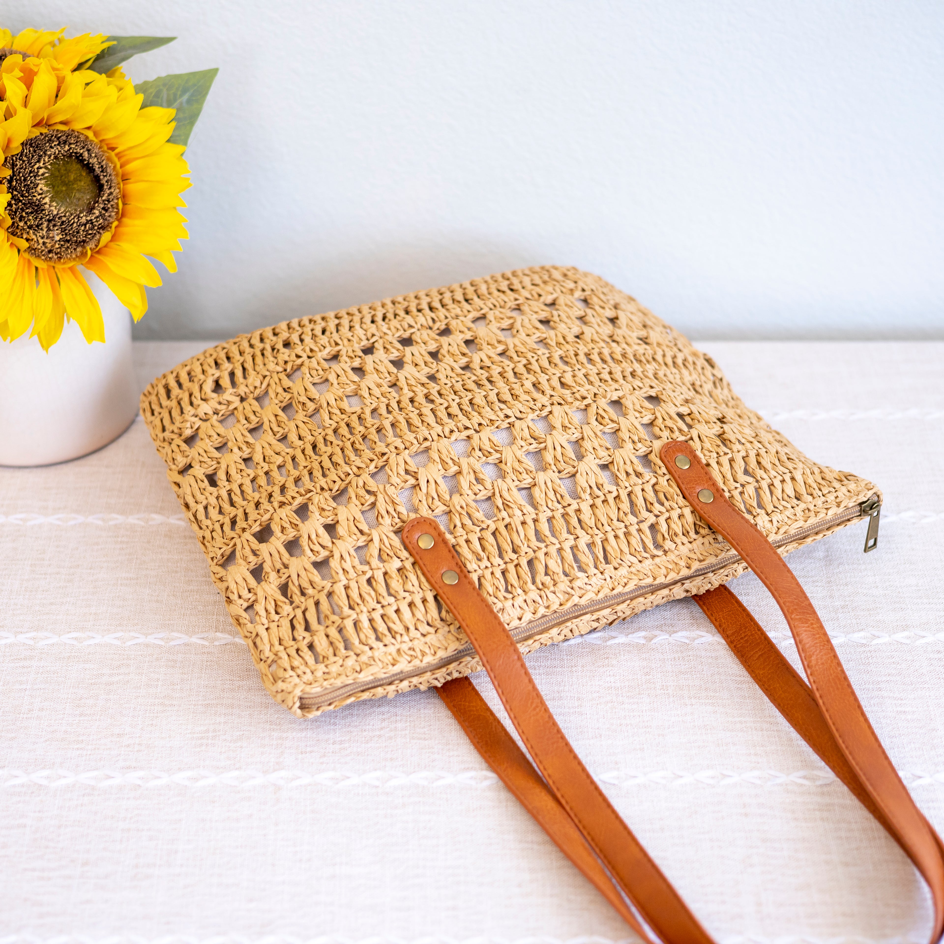 Patterned Straw Woven Tote Bag