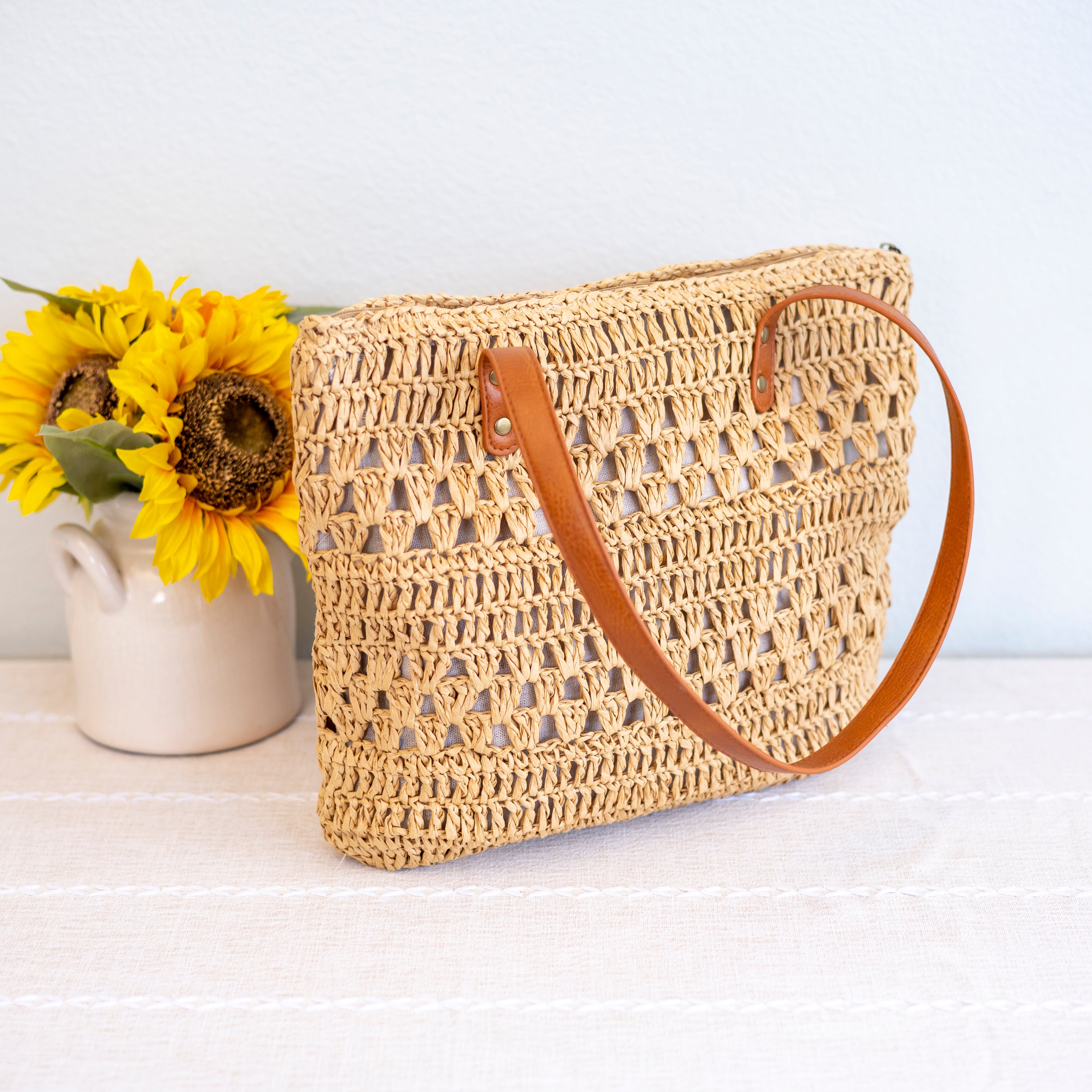 Patterned Straw Woven Tote Bag