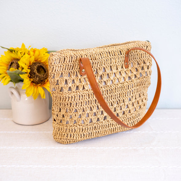 Elena Handbags Patterned Straw Woven Tote Bag