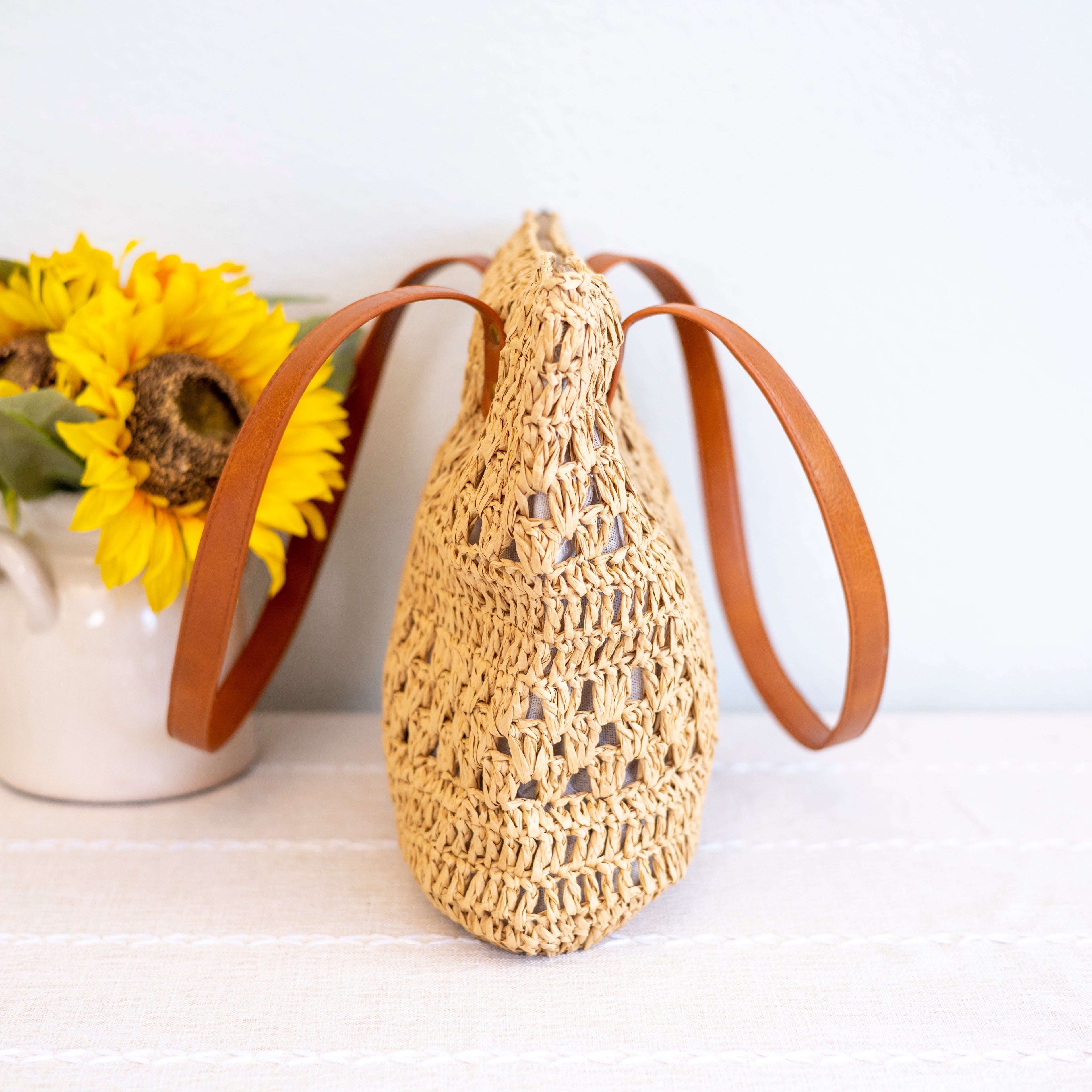 Patterned Straw Woven Tote Bag