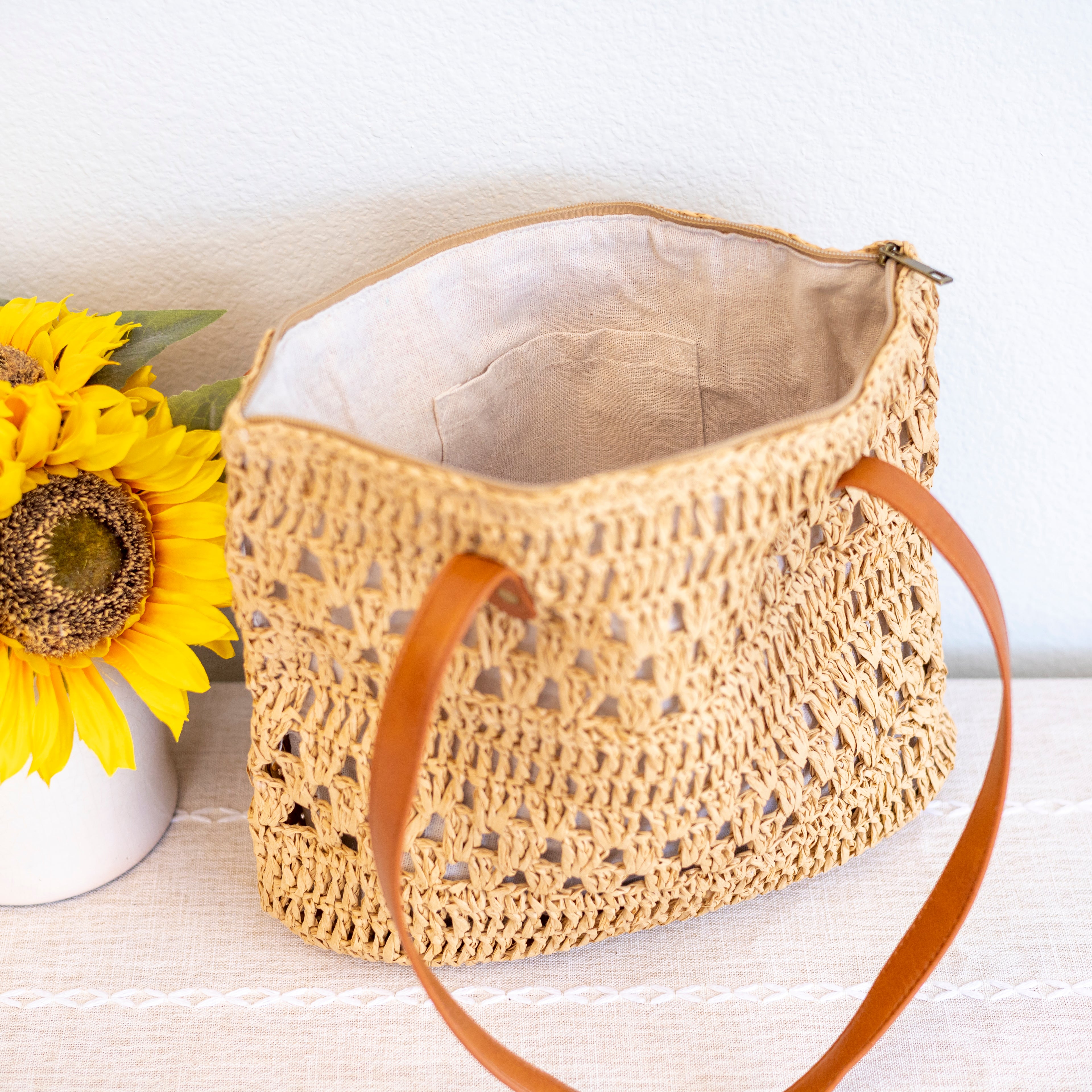 Patterned Straw Woven Tote Bag