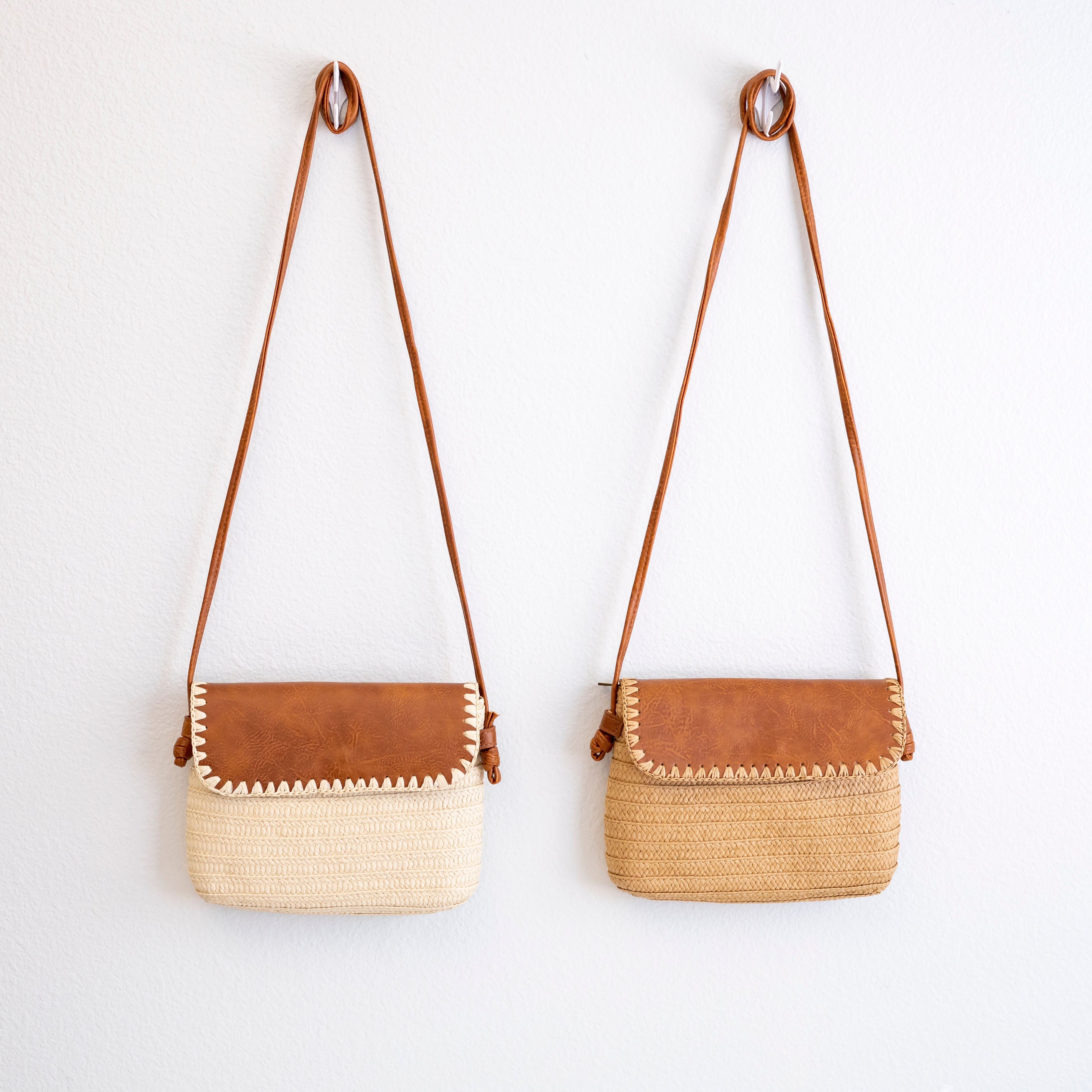 Straw Woven Messenger Bag with Leather Flap
