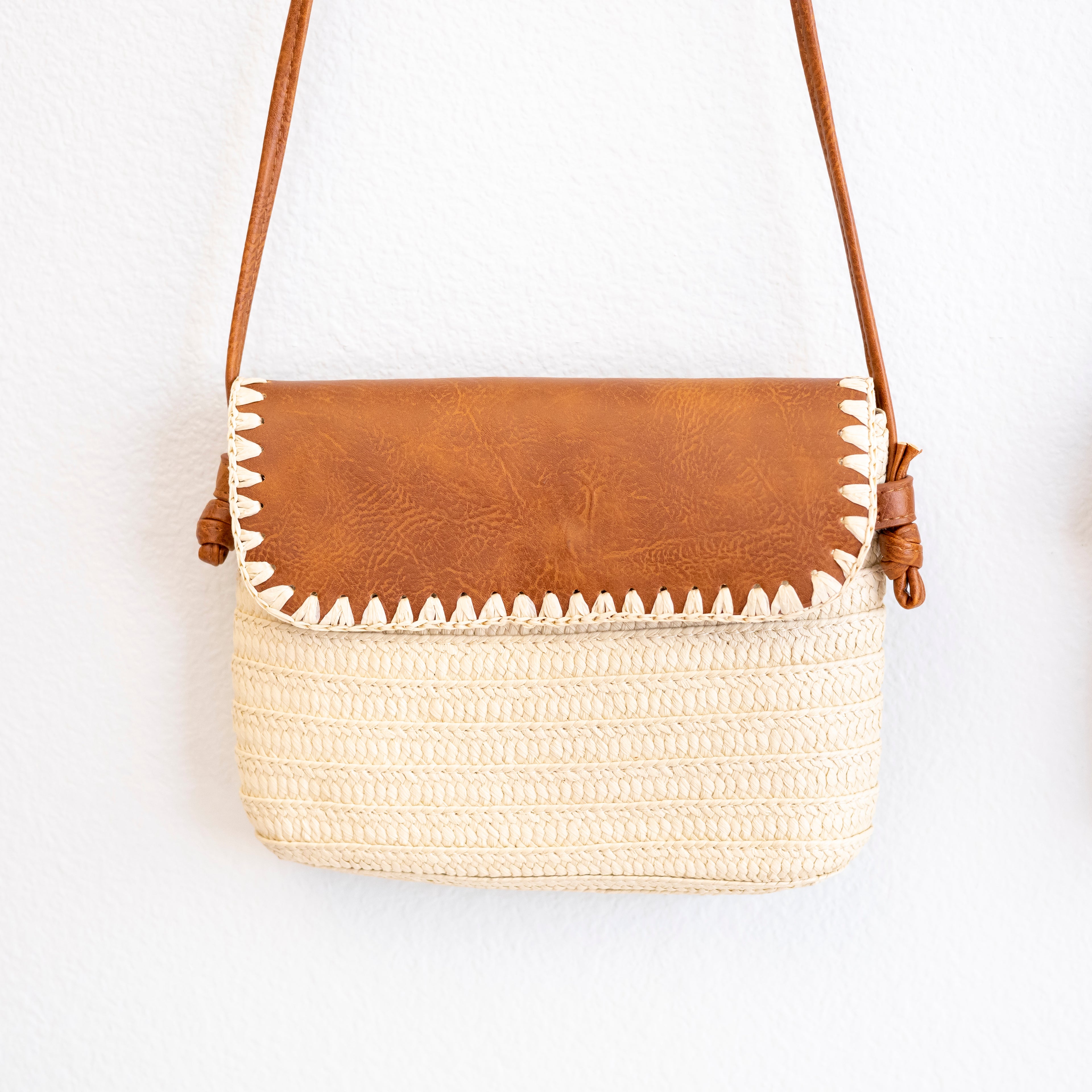 Straw Woven Messenger Bag with Leather Flap