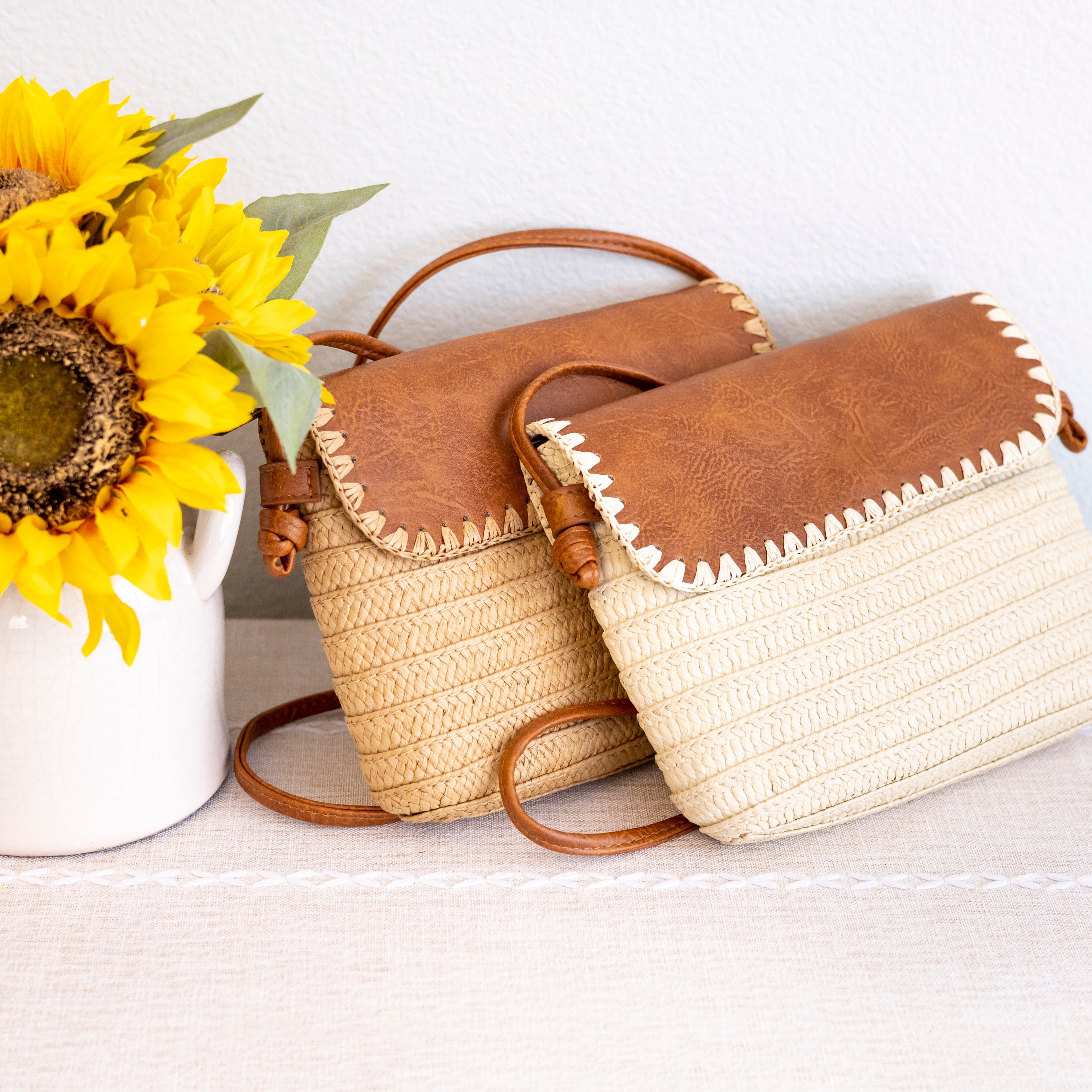 Straw Woven Messenger Bag with Leather Flap