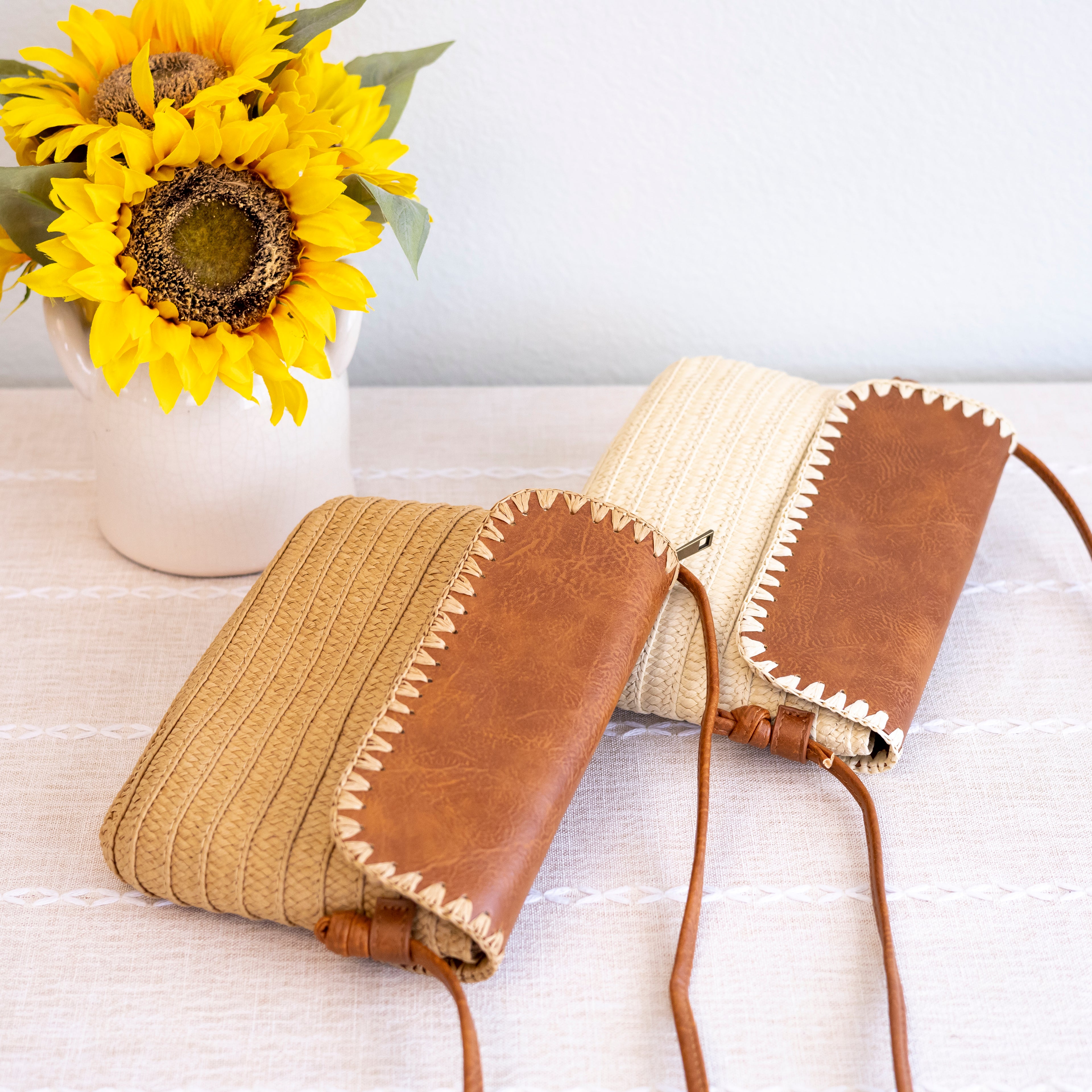 Straw Woven Messenger Bag with Leather Flap