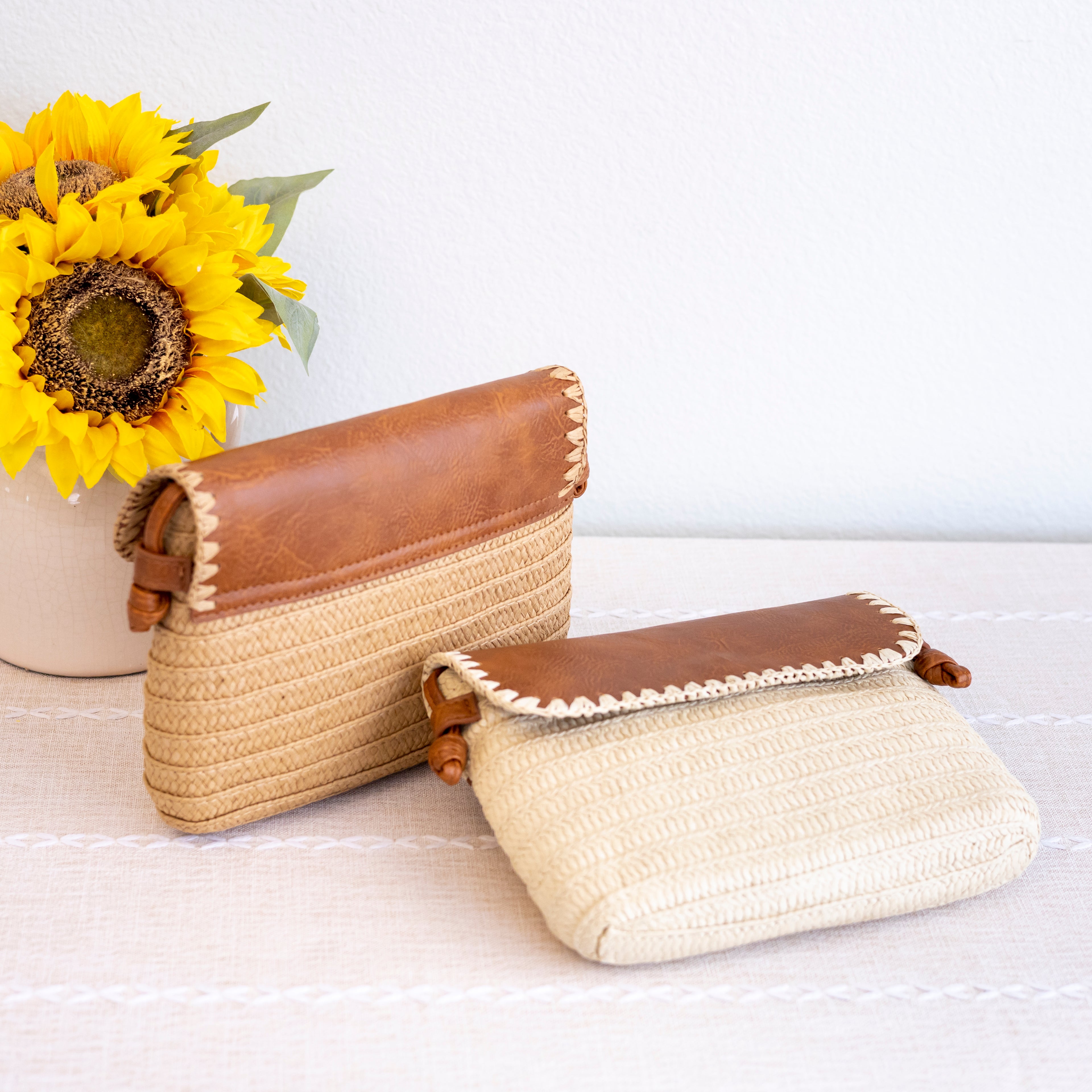 Straw Woven Messenger Bag with Leather Flap