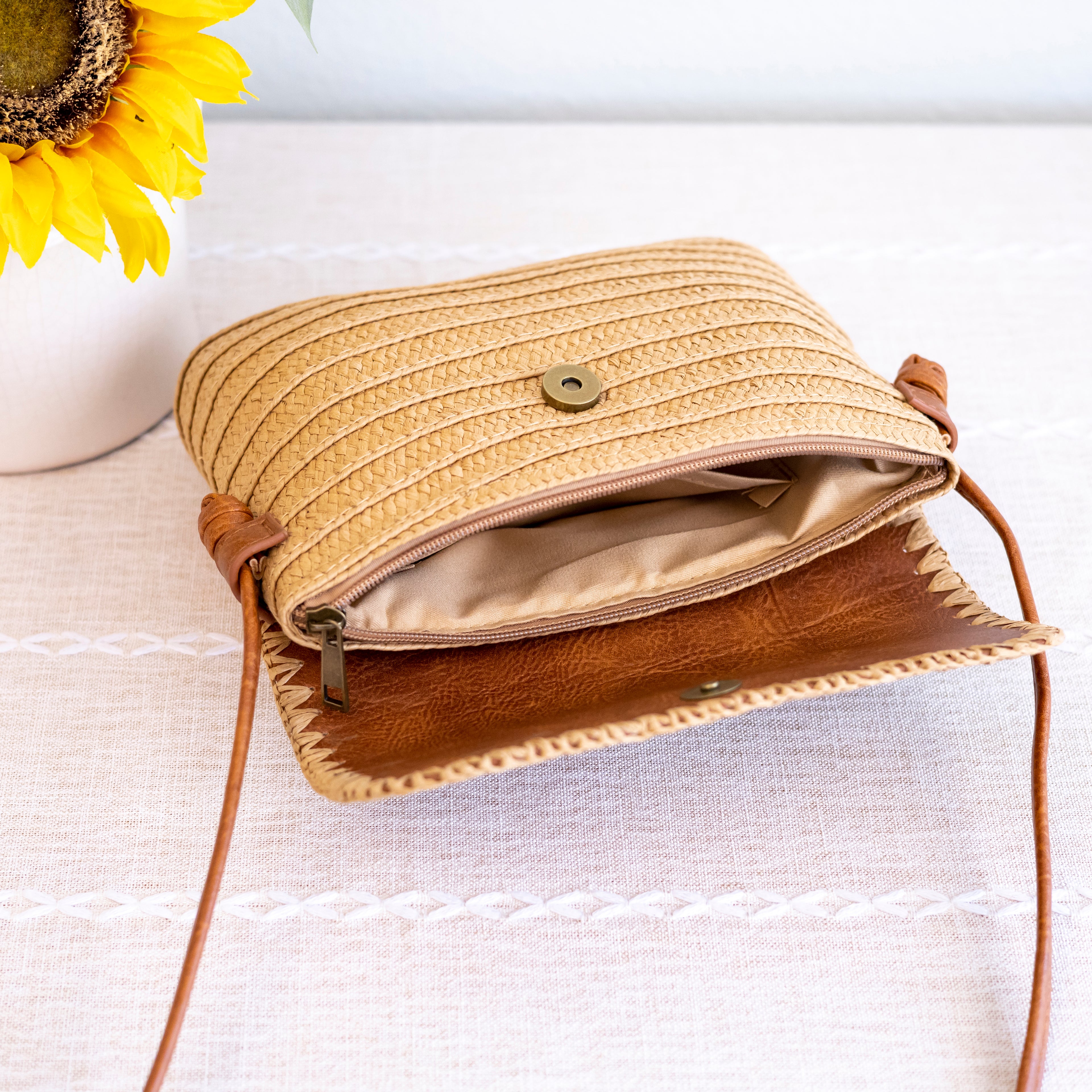 Straw Woven Messenger Bag with Leather Flap
