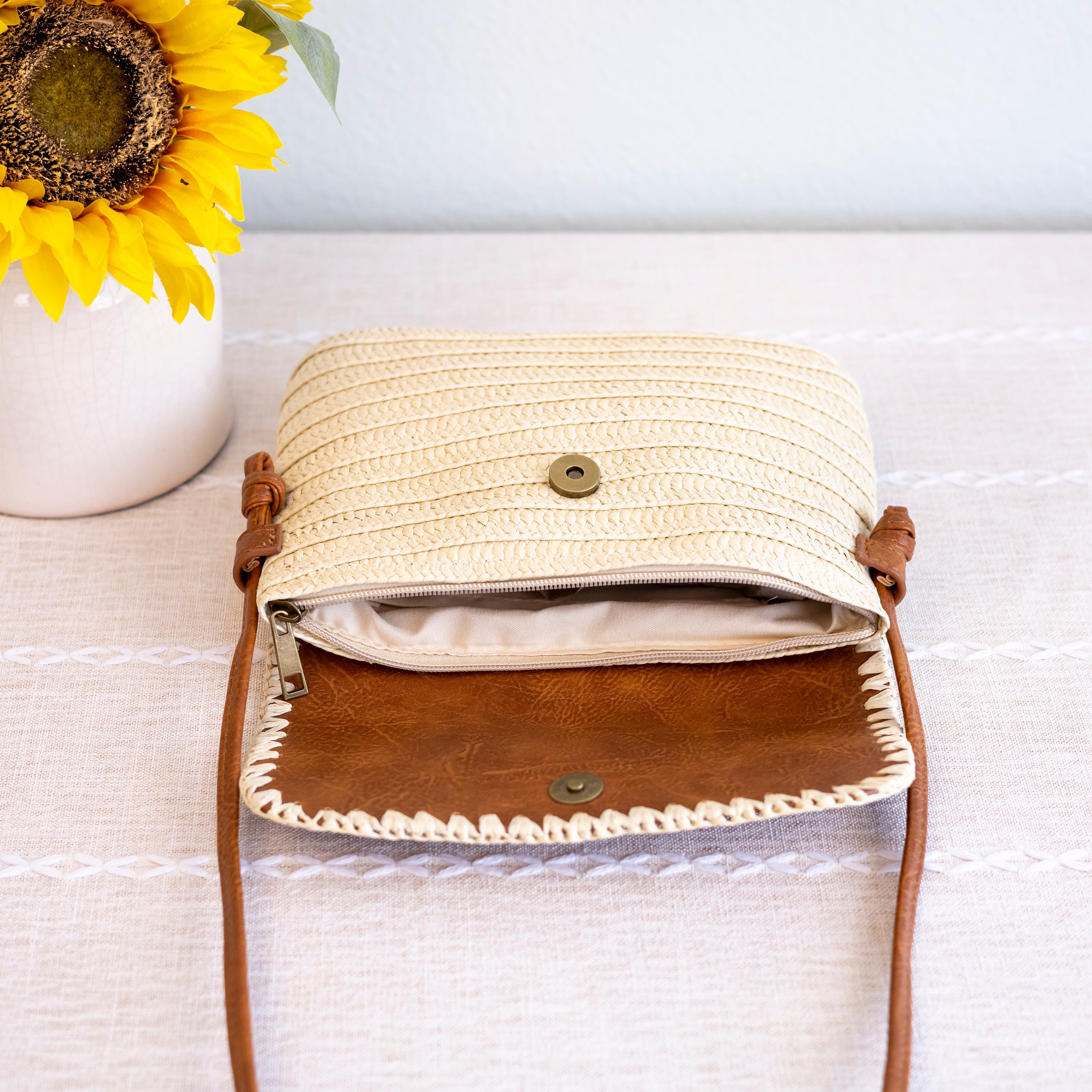Straw Woven Messenger Bag with Leather Flap