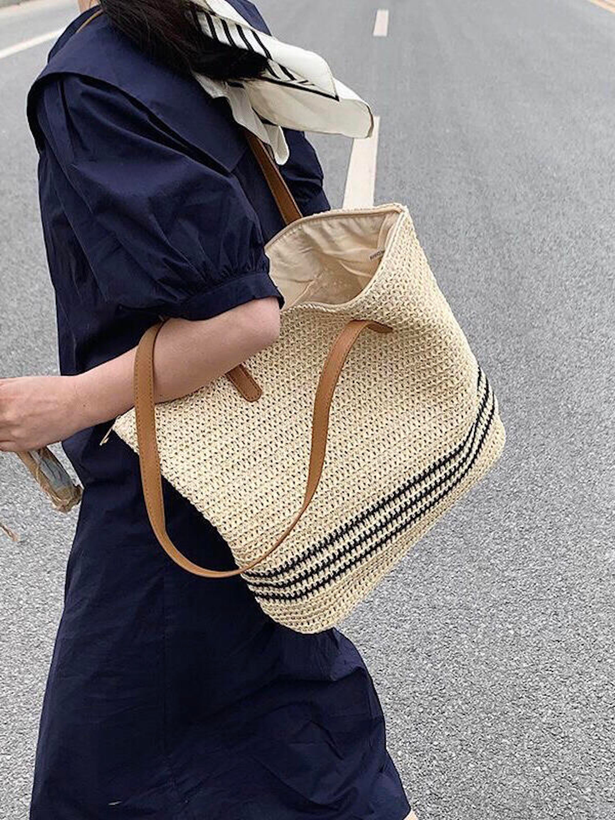 Striped Large Straw Woven Tote