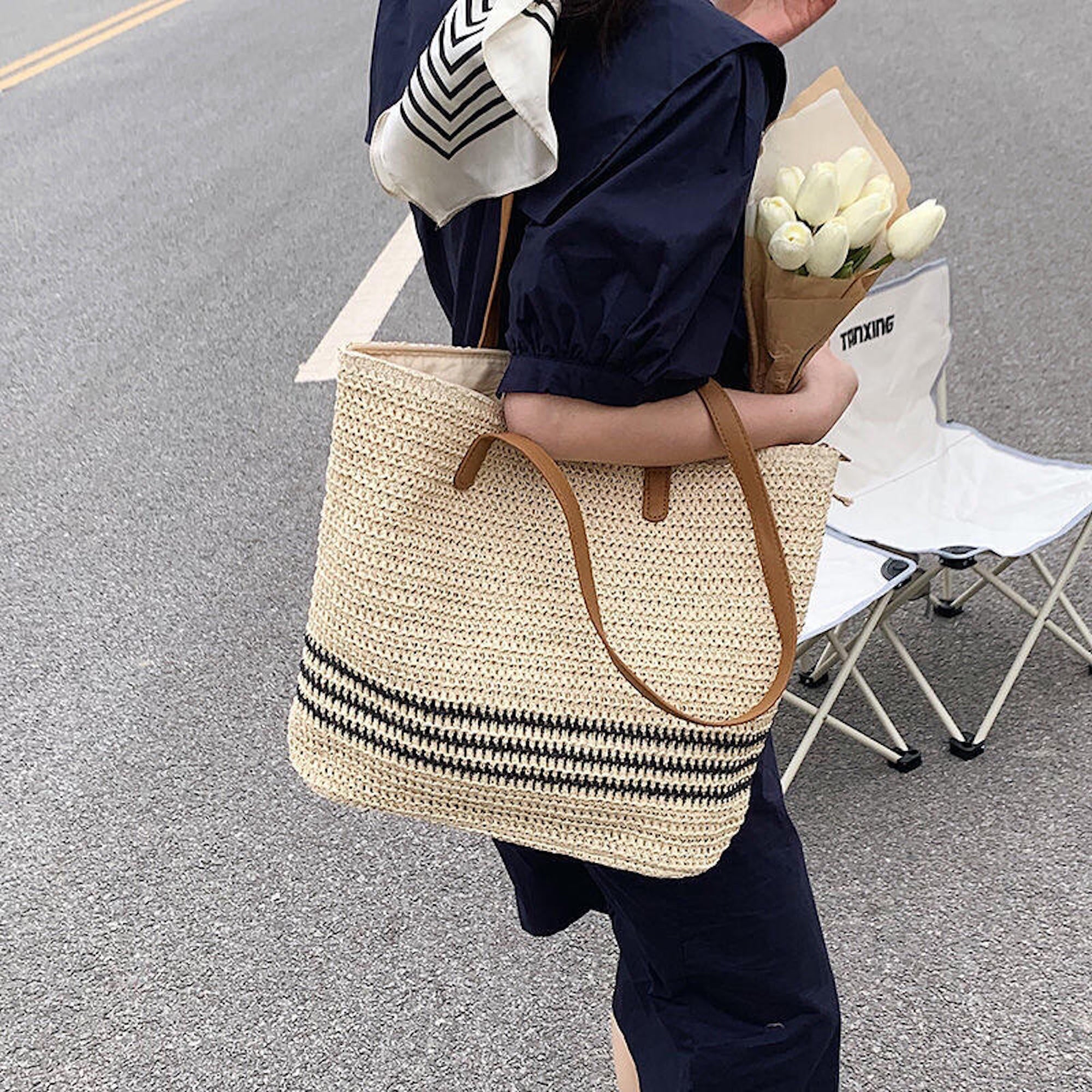 Striped Large Straw Woven Tote