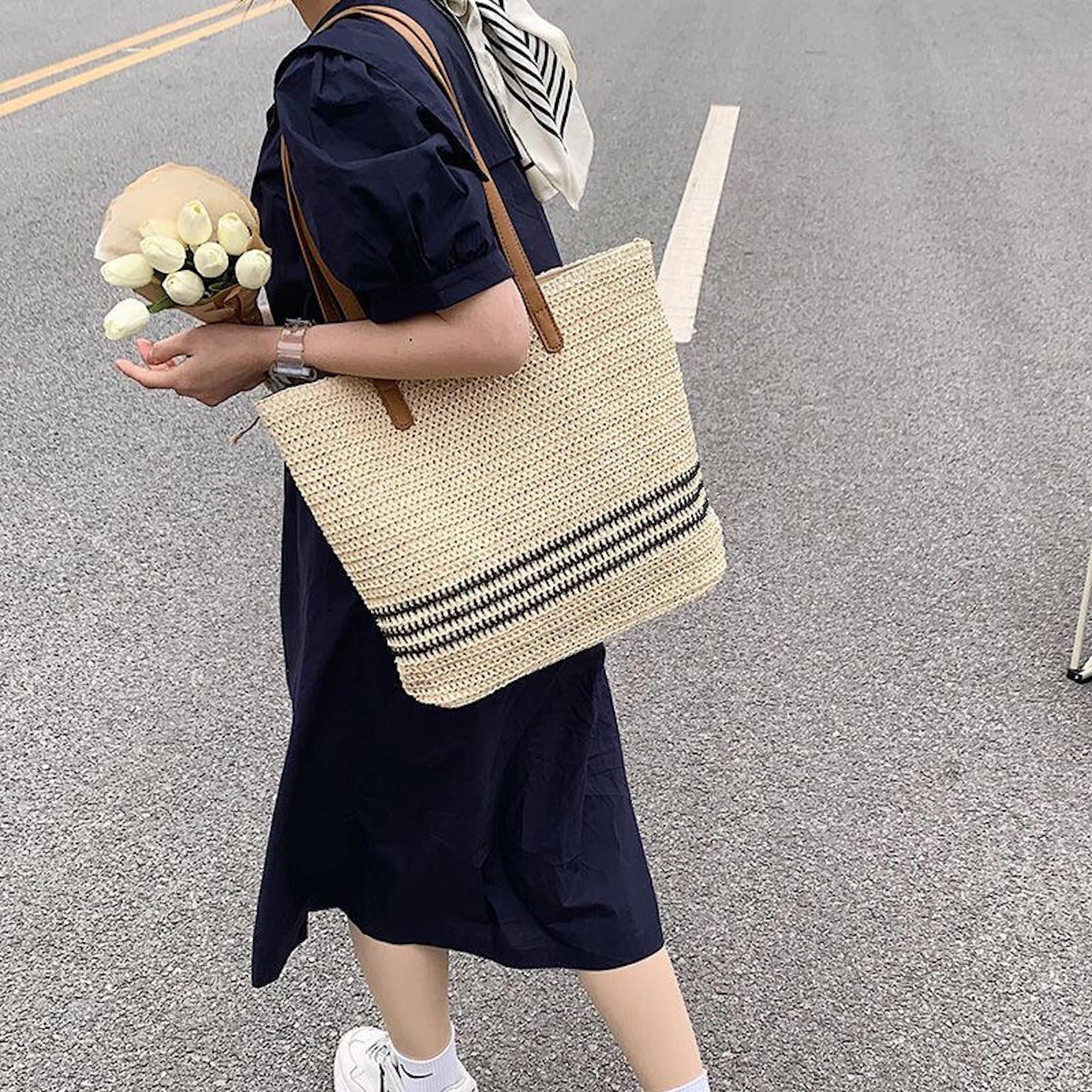 Striped Large Straw Woven Tote