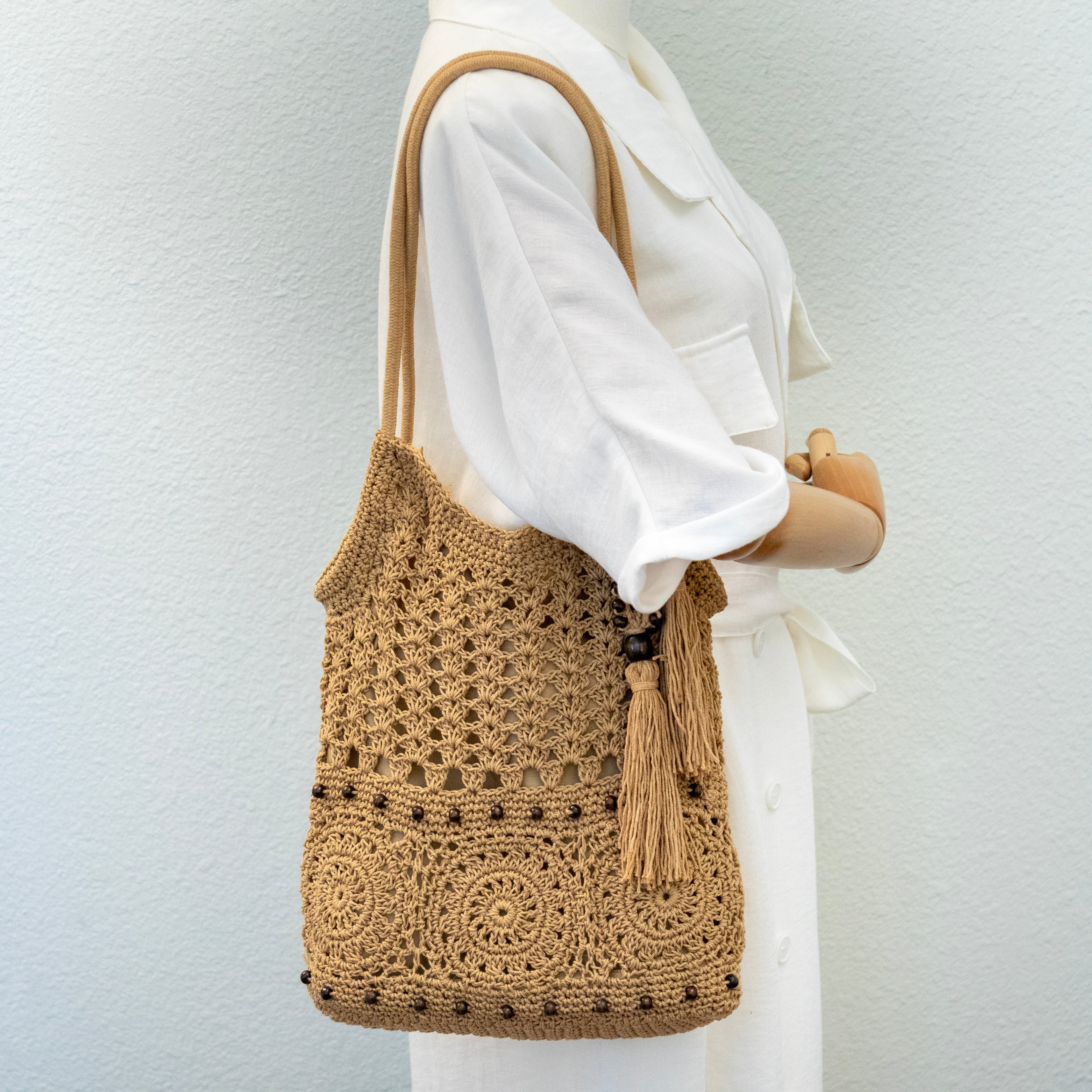 Boho Handmade Crochet Tote Bag with Tassel & Wooden Bead