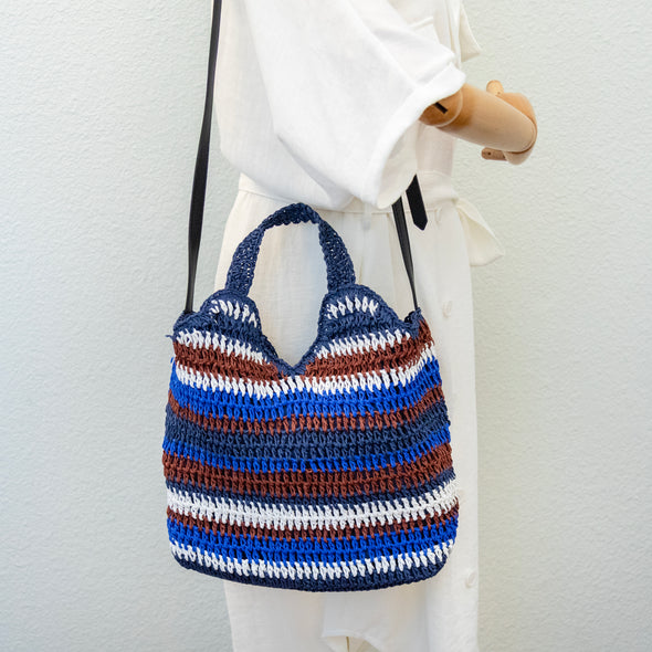 Handmade Crochet Straw Tote Bag – Navy, Brown & White Striped Summer Bag
